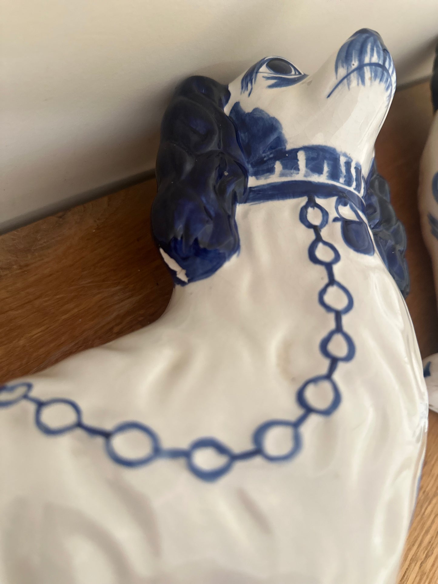 Pair of hand painted Staffordshire wally dogs large blue & white