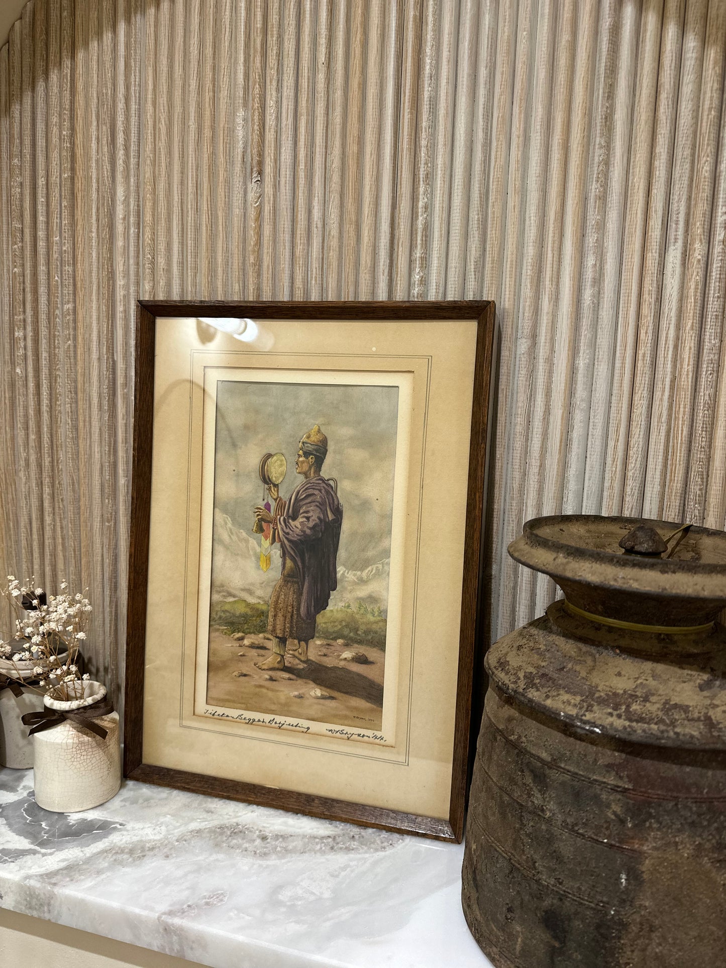 Vintage watercolour painting of Tibetan beggar signed & framed