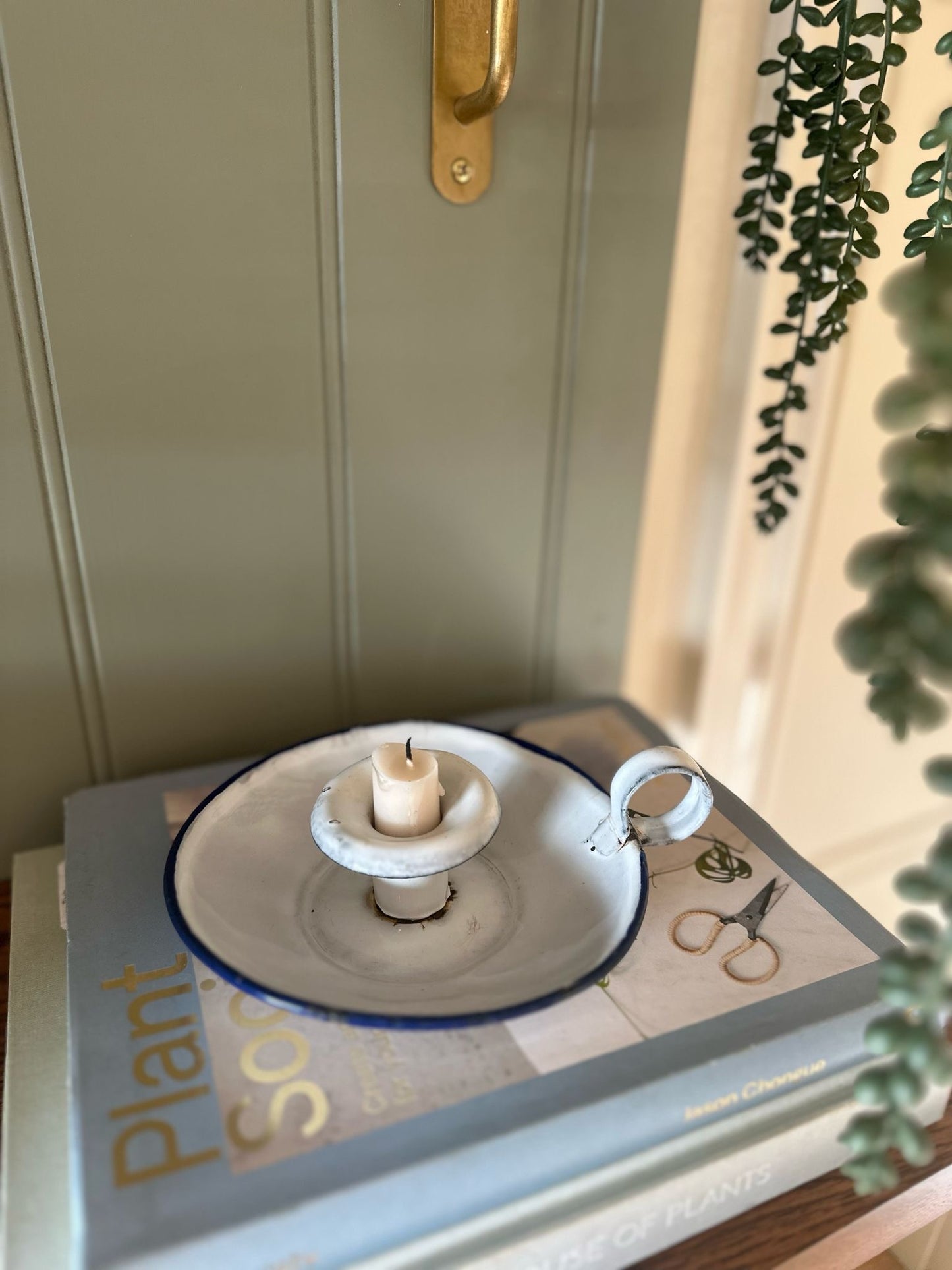vintage enamel chamberstick candle 🕯️ blue white