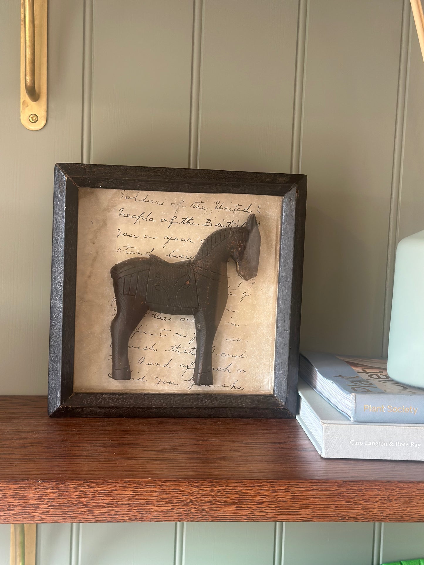 Vintage wooden horse in a box shelf styling piece