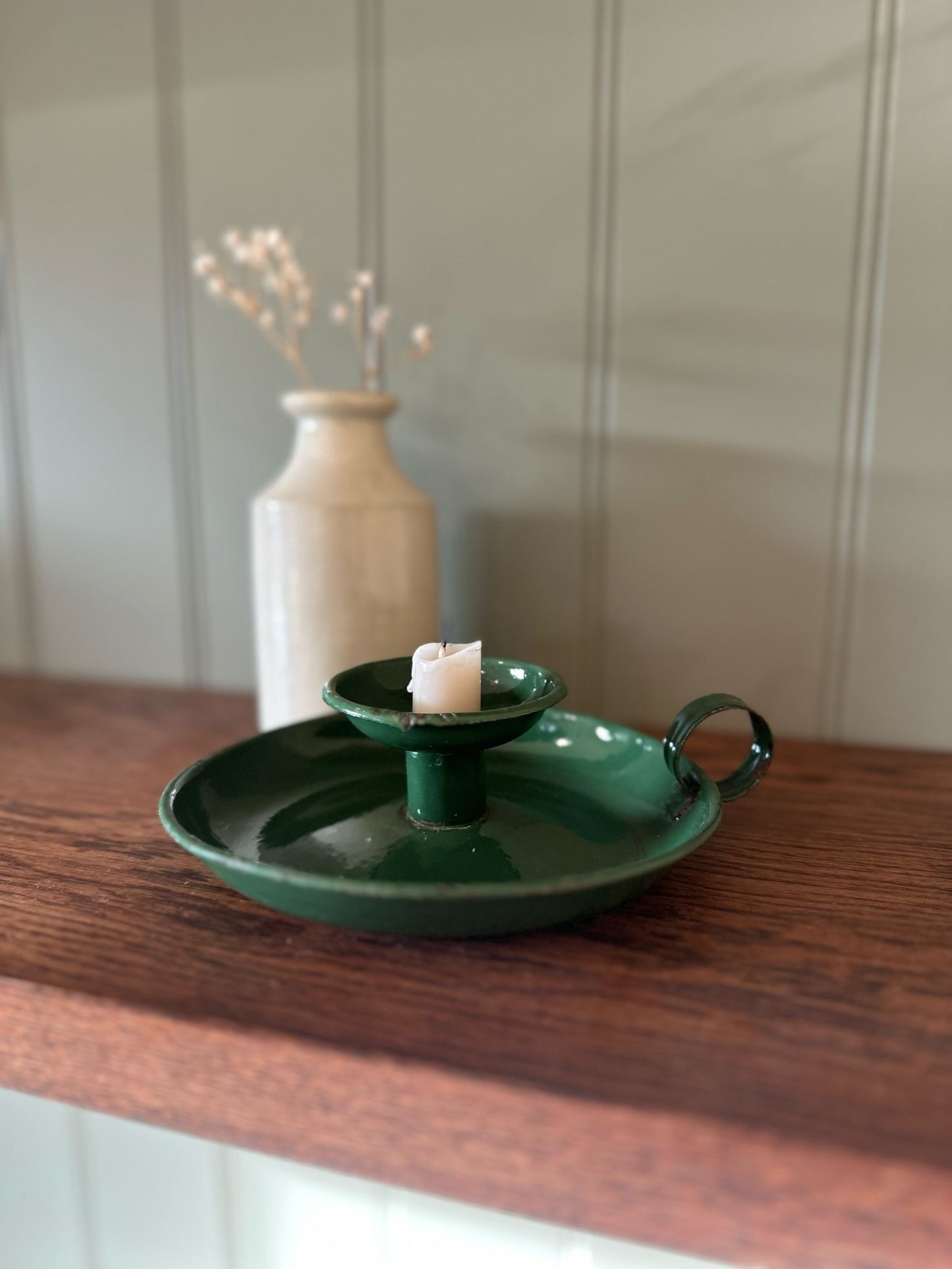 military green enamel chamber stick candle holder