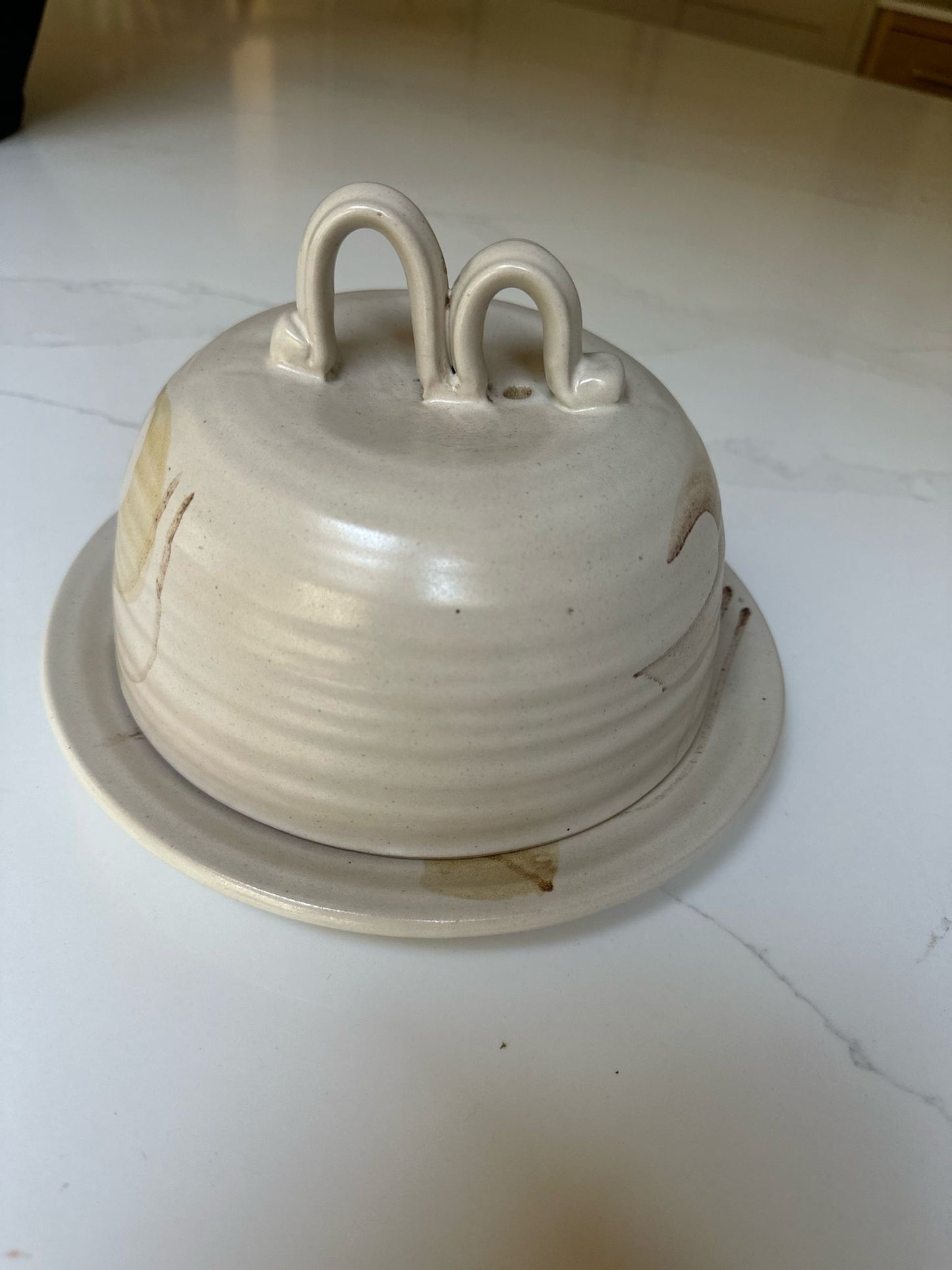 large cheese / butter dome neutral studio pottery