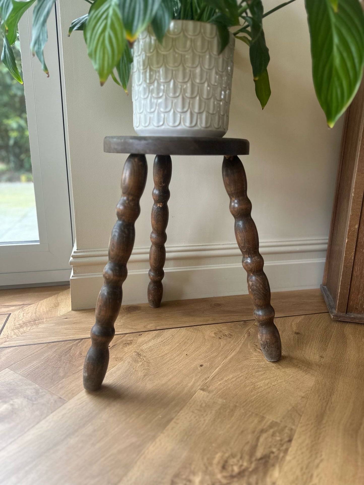 vintage French bobbin leg stool dark wood