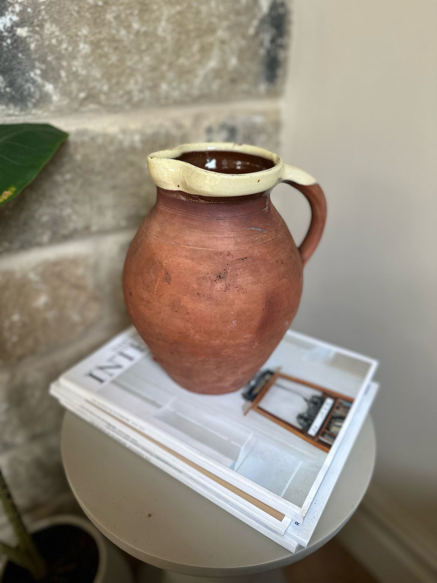 vintage Spanish terracotta jug glazed top