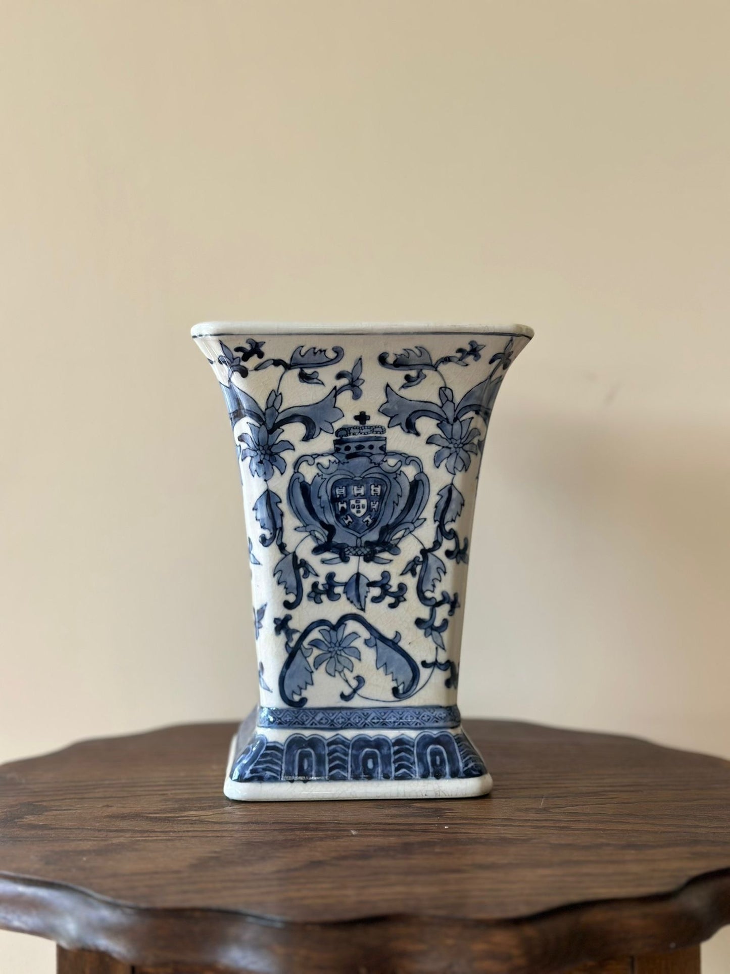 Vintage stonewear large trumpet vase floral display blue & white French