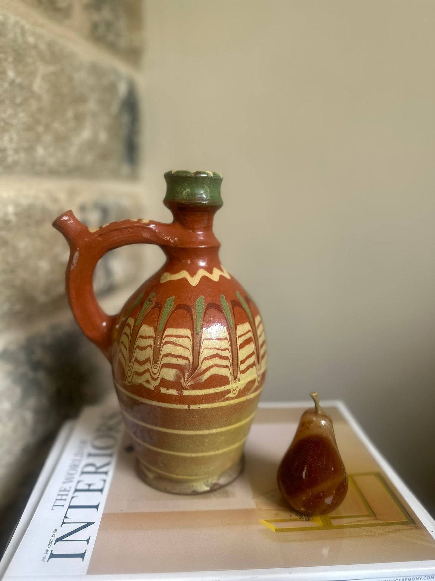 Romanian olive oil jar glazed folk art