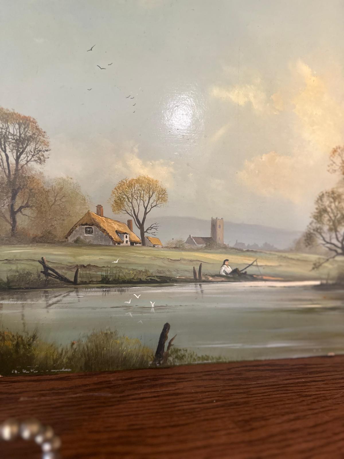 oil painting country scene & fisherman signed