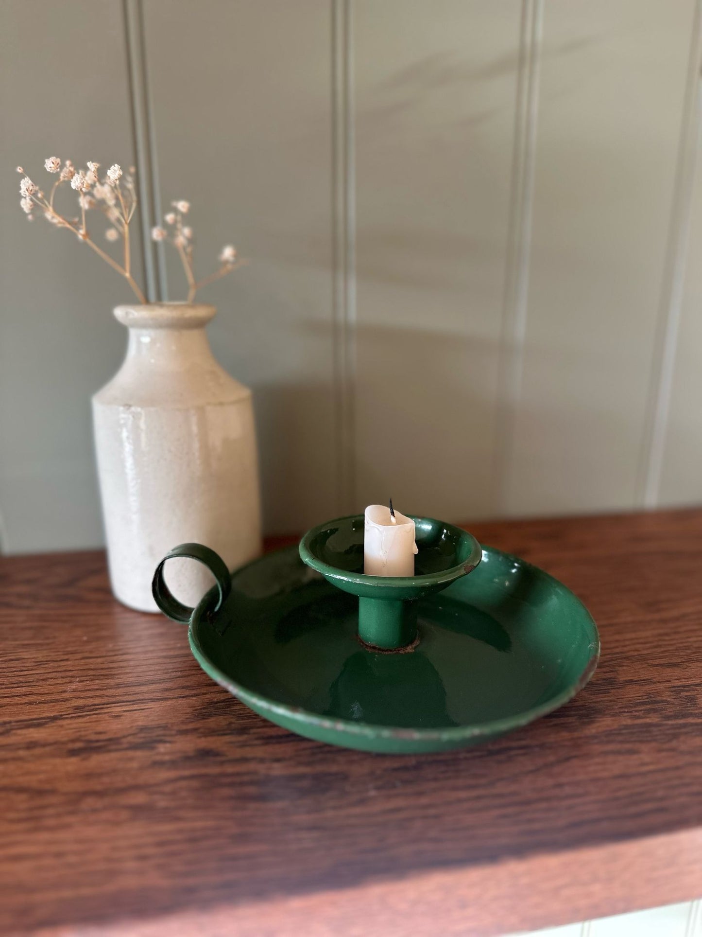 military green enamel chamber stick candle holder