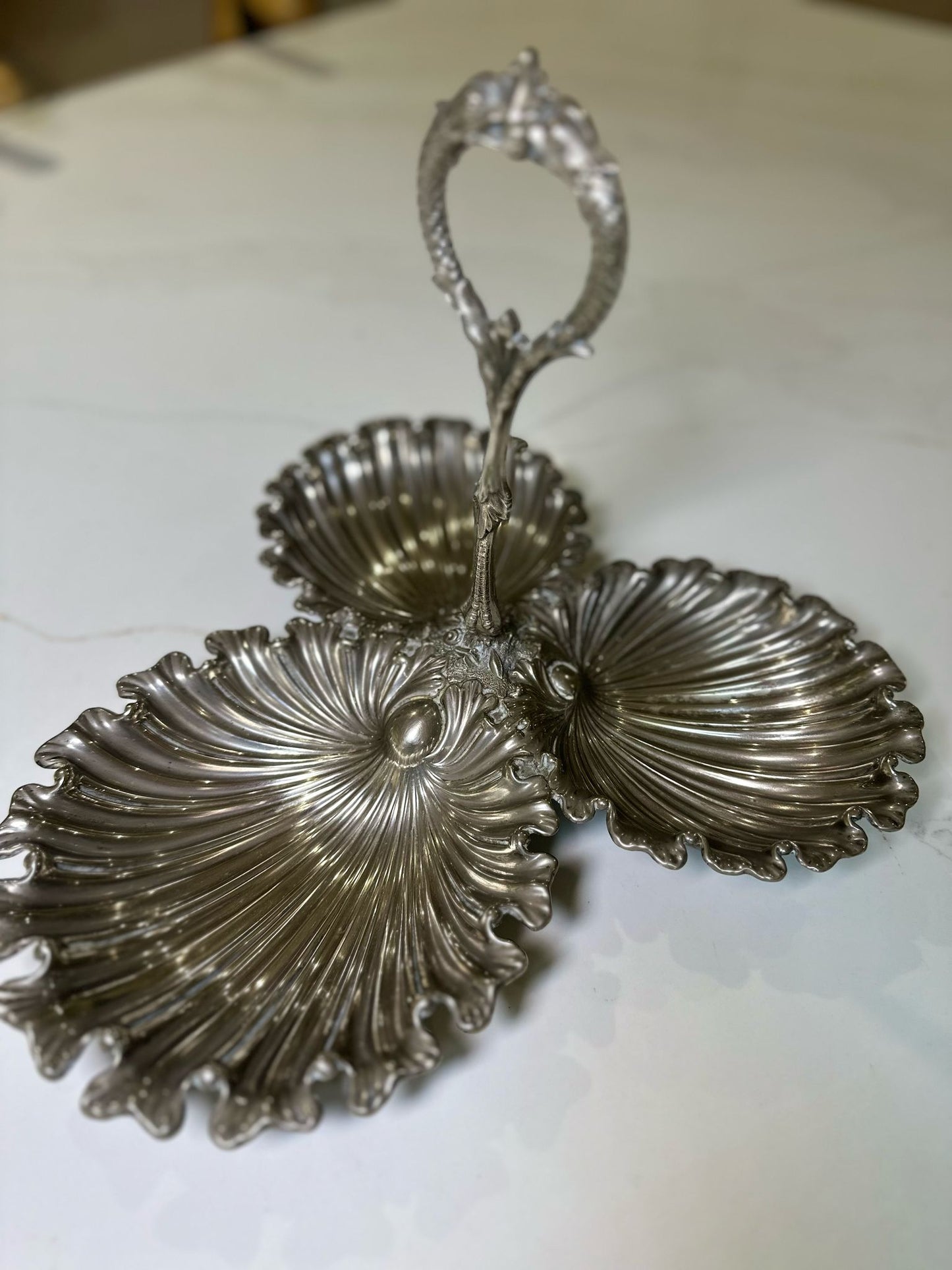 Victorian shell trio silver nibbles tray handle