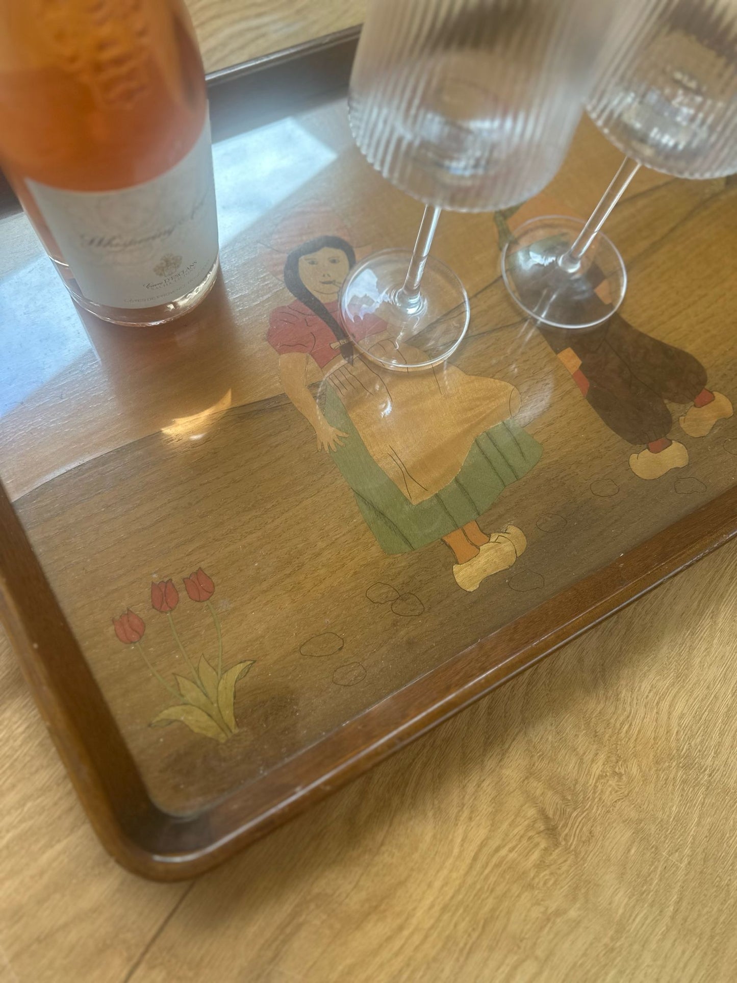 vintage Dutch large tray coloured wood inlay