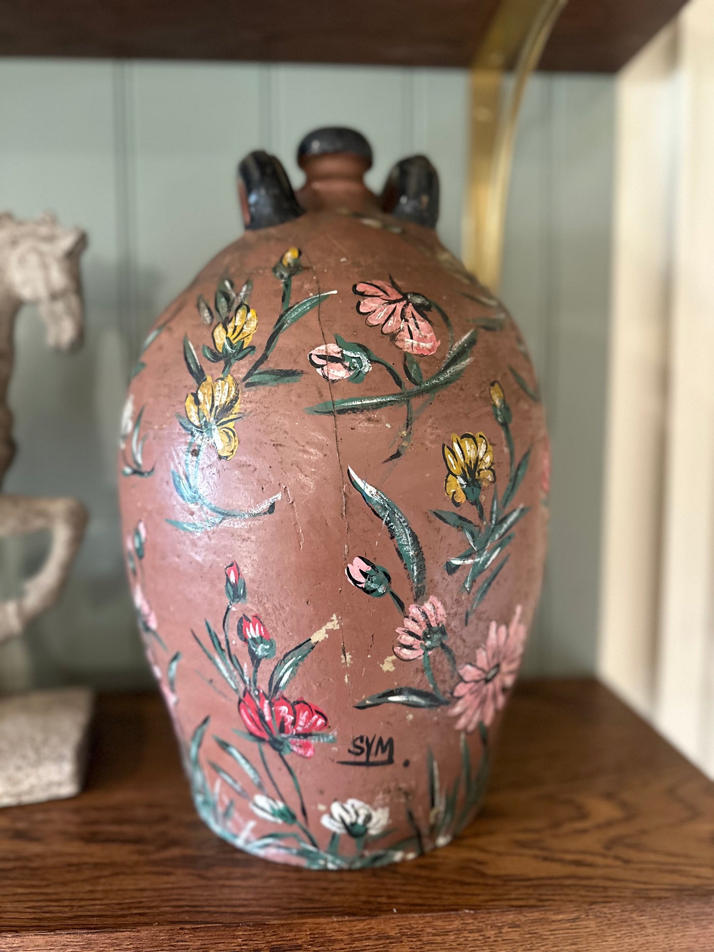 French large vintage vessel hand painted & signed