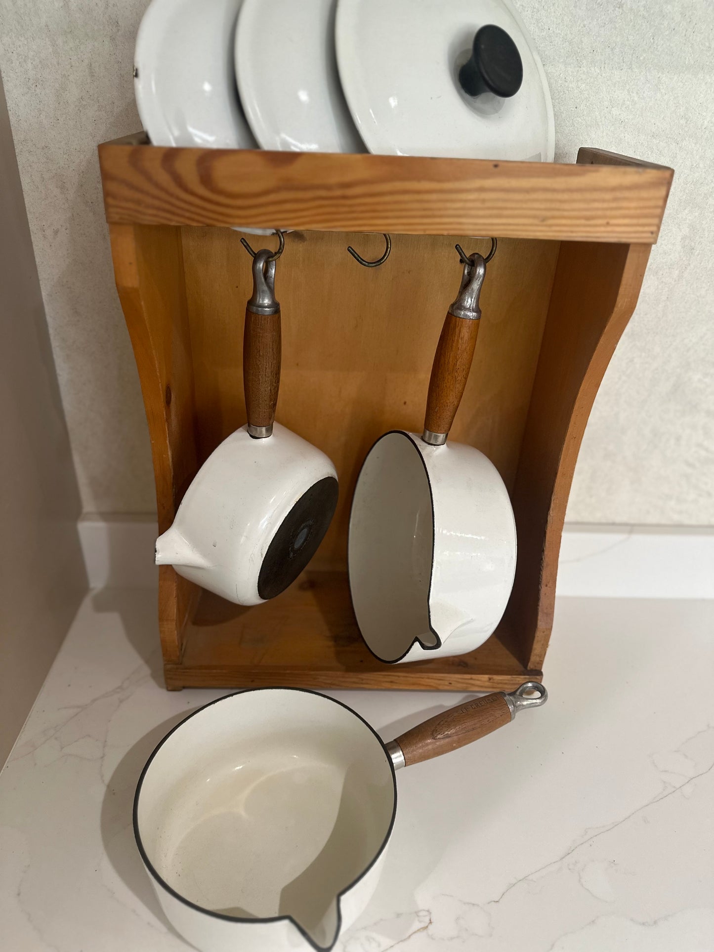 Vintage Set of Le creuset pans inc wall cabinet