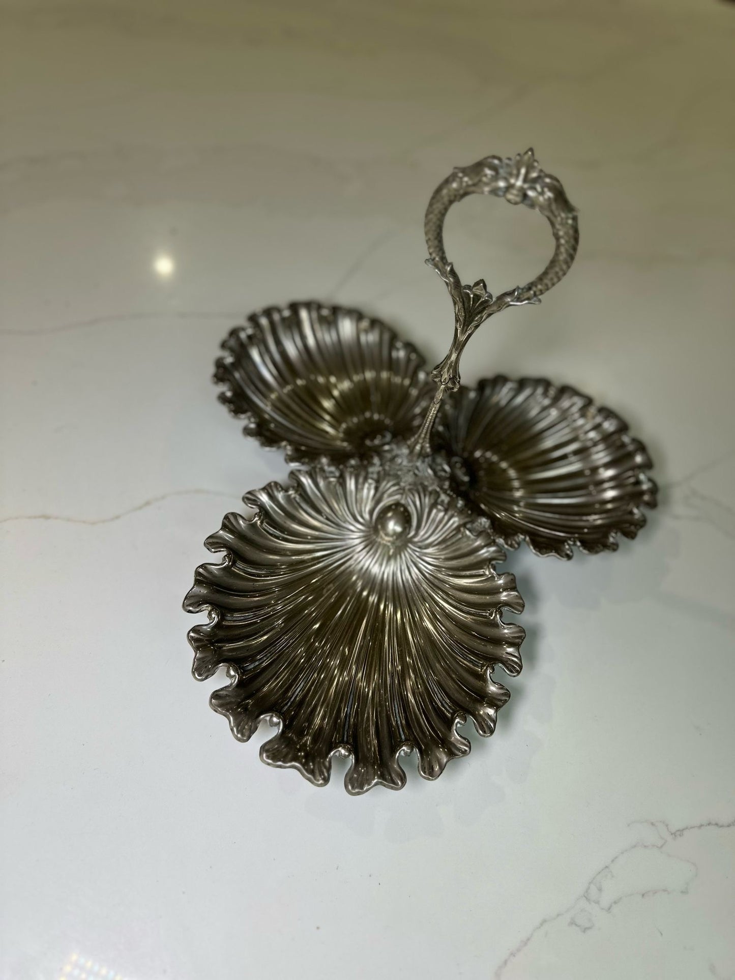 Victorian shell trio silver nibbles tray handle