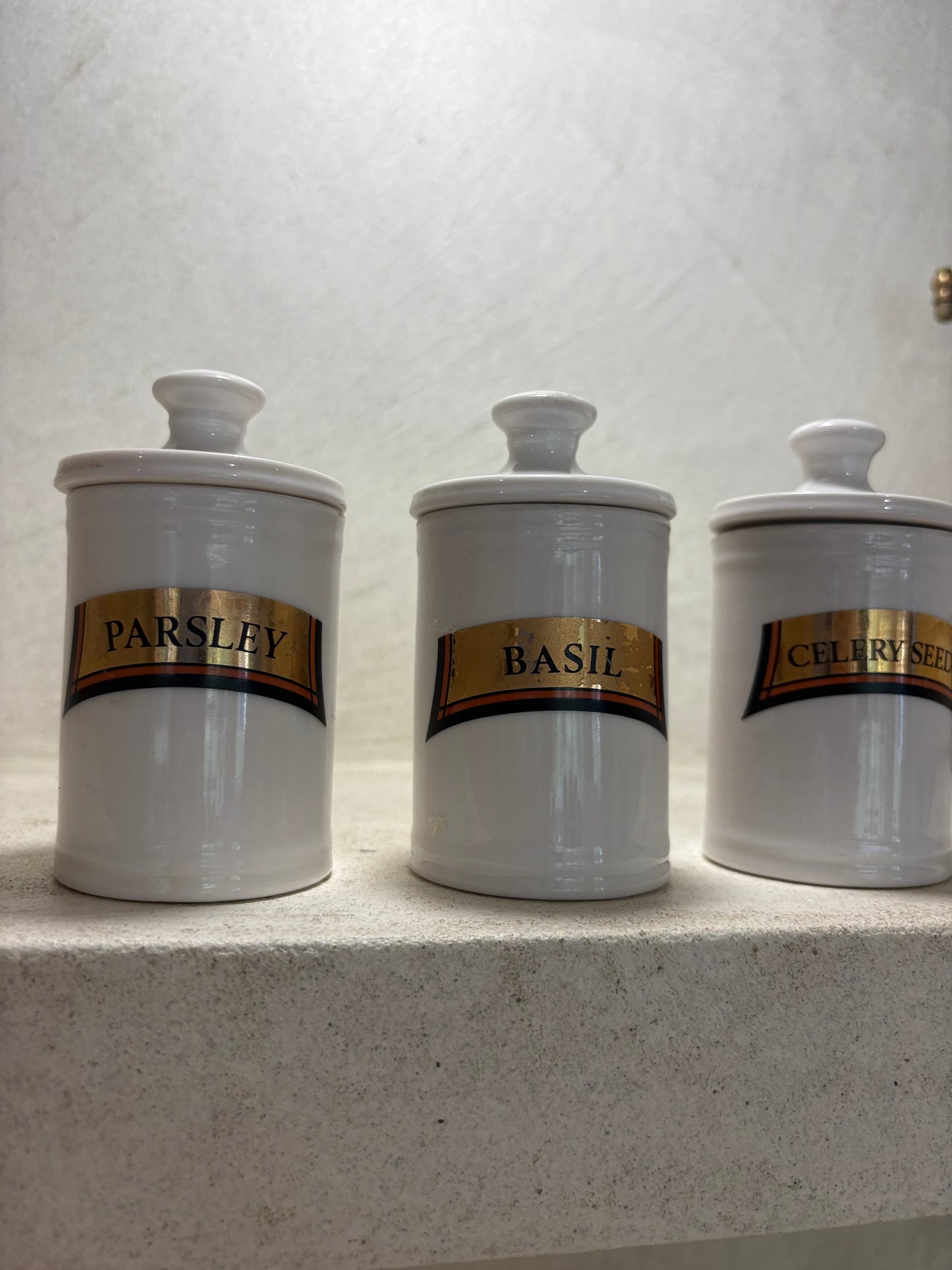 Trio of vintage spice pot in medical style