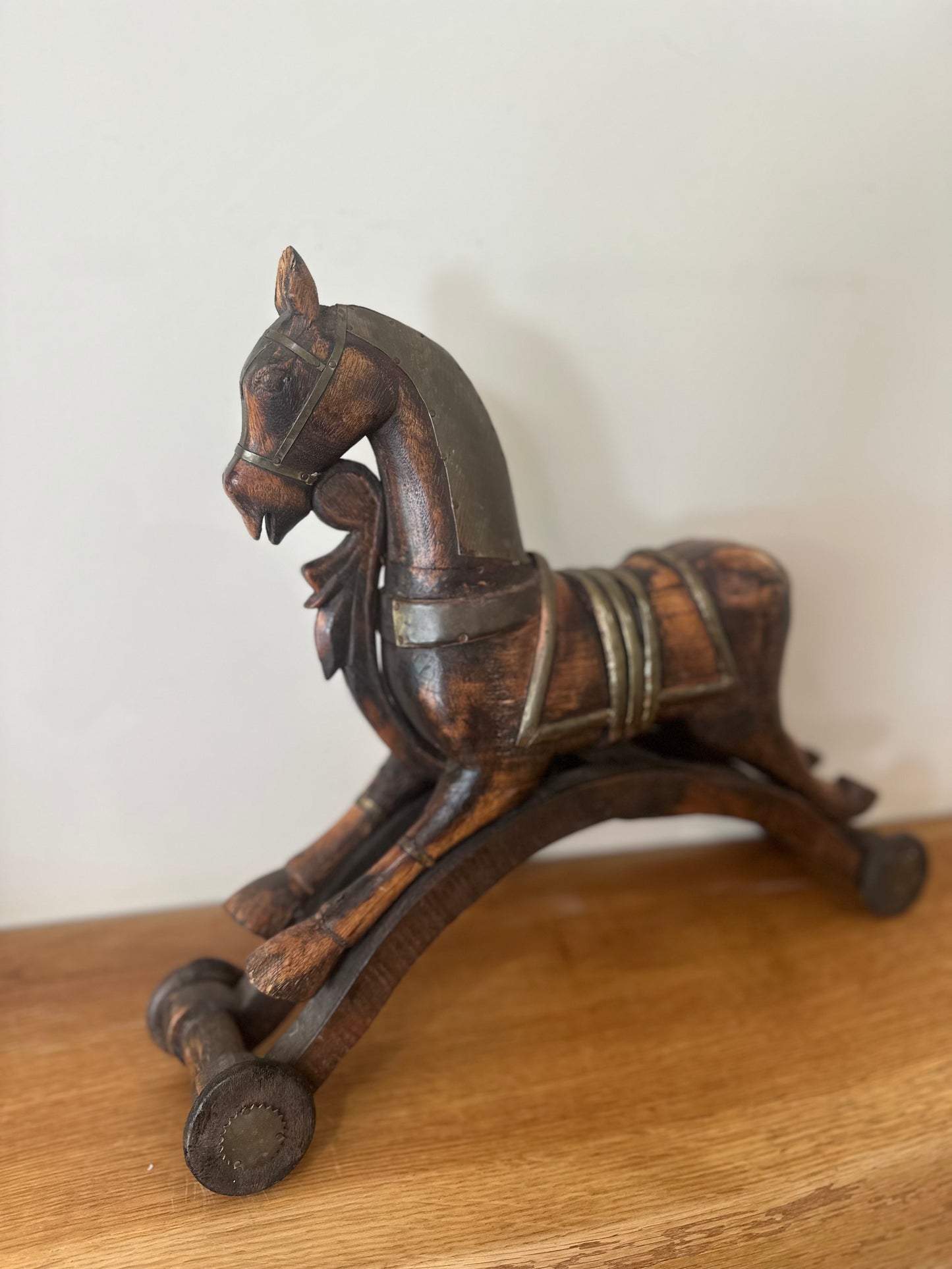 Vintage wooden & brass folk art rocking horse