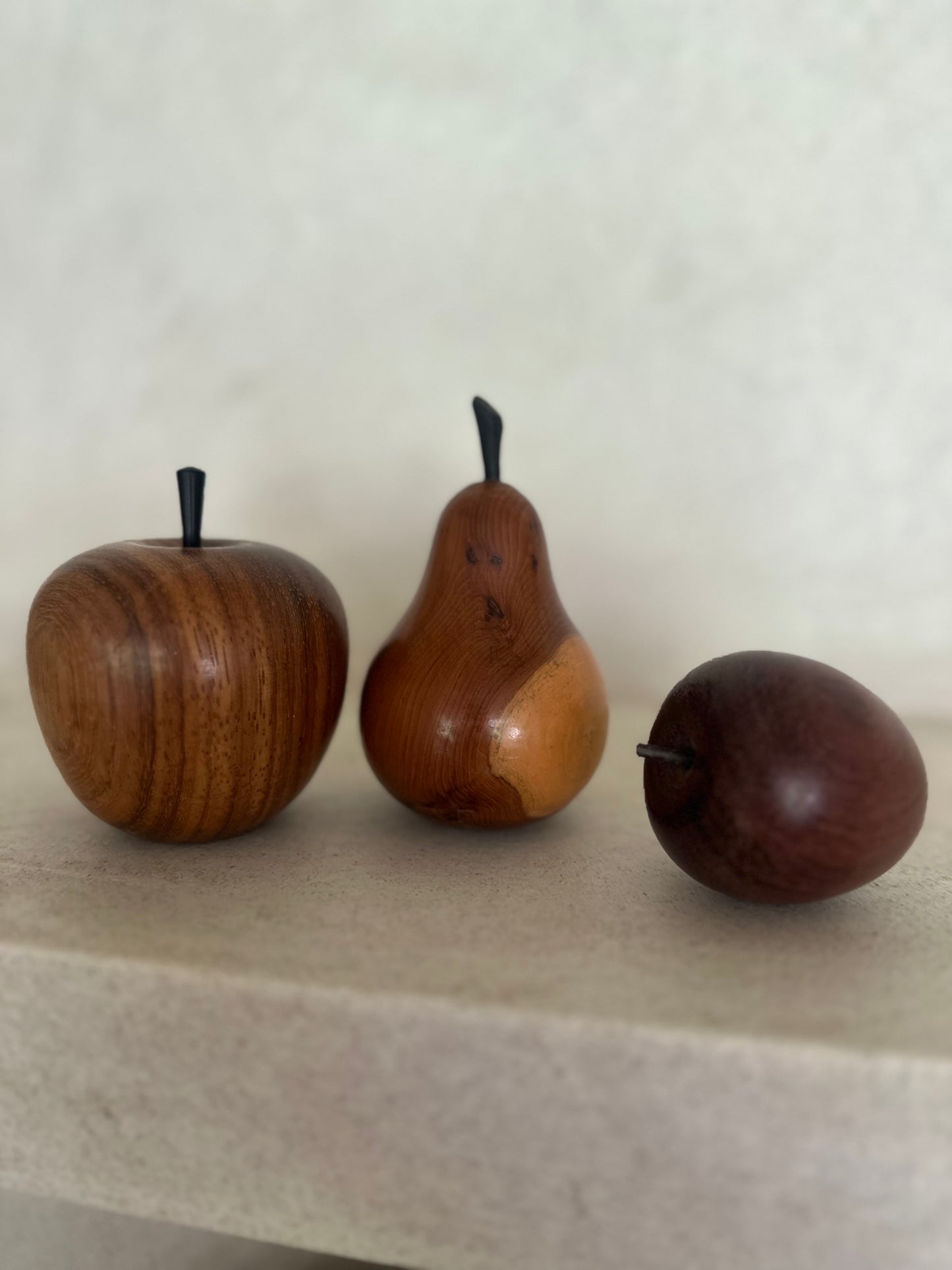 3 piece wooden fruit set mid century