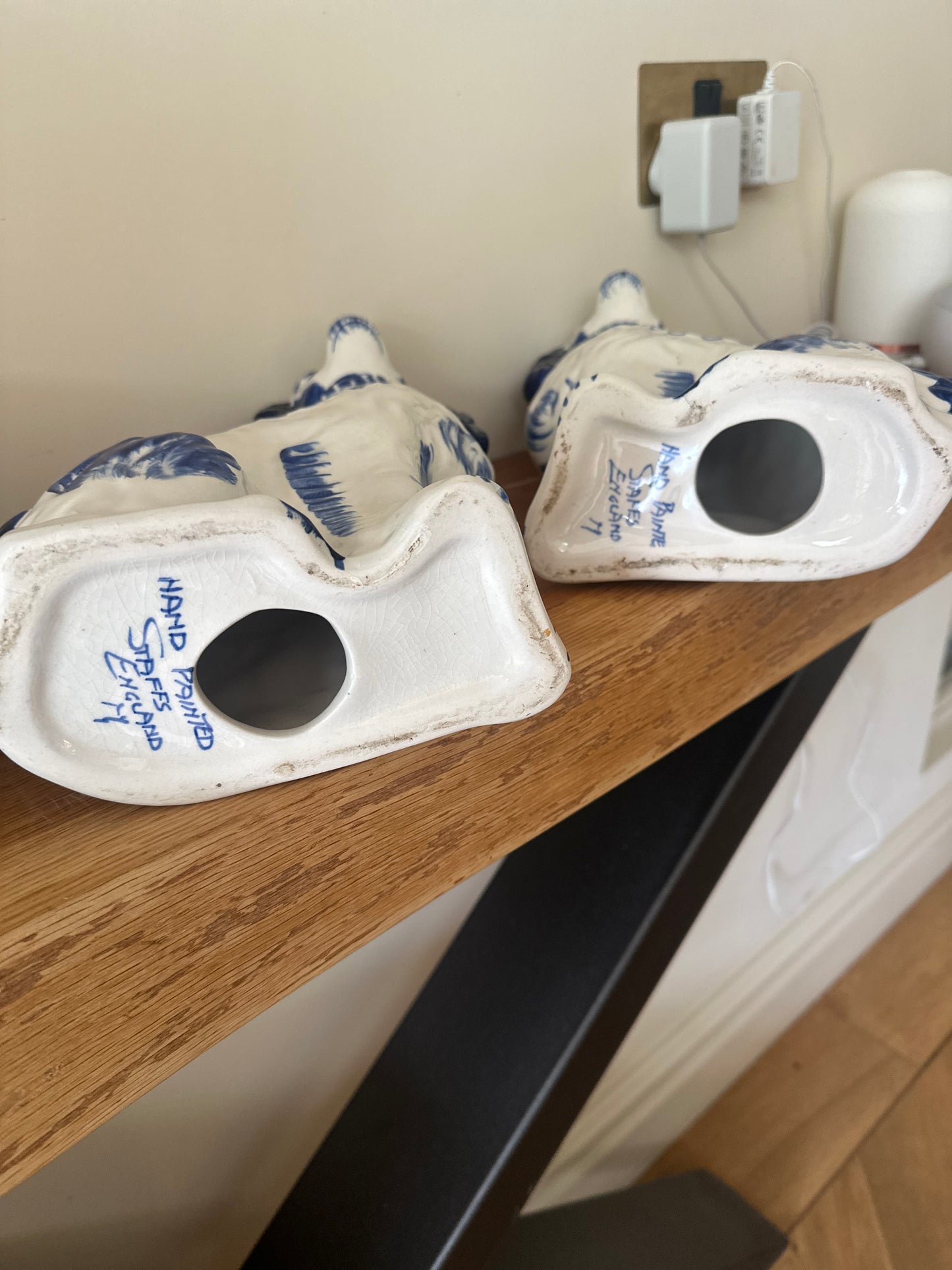 Pair of hand painted Staffordshire wally dogs large blue & white