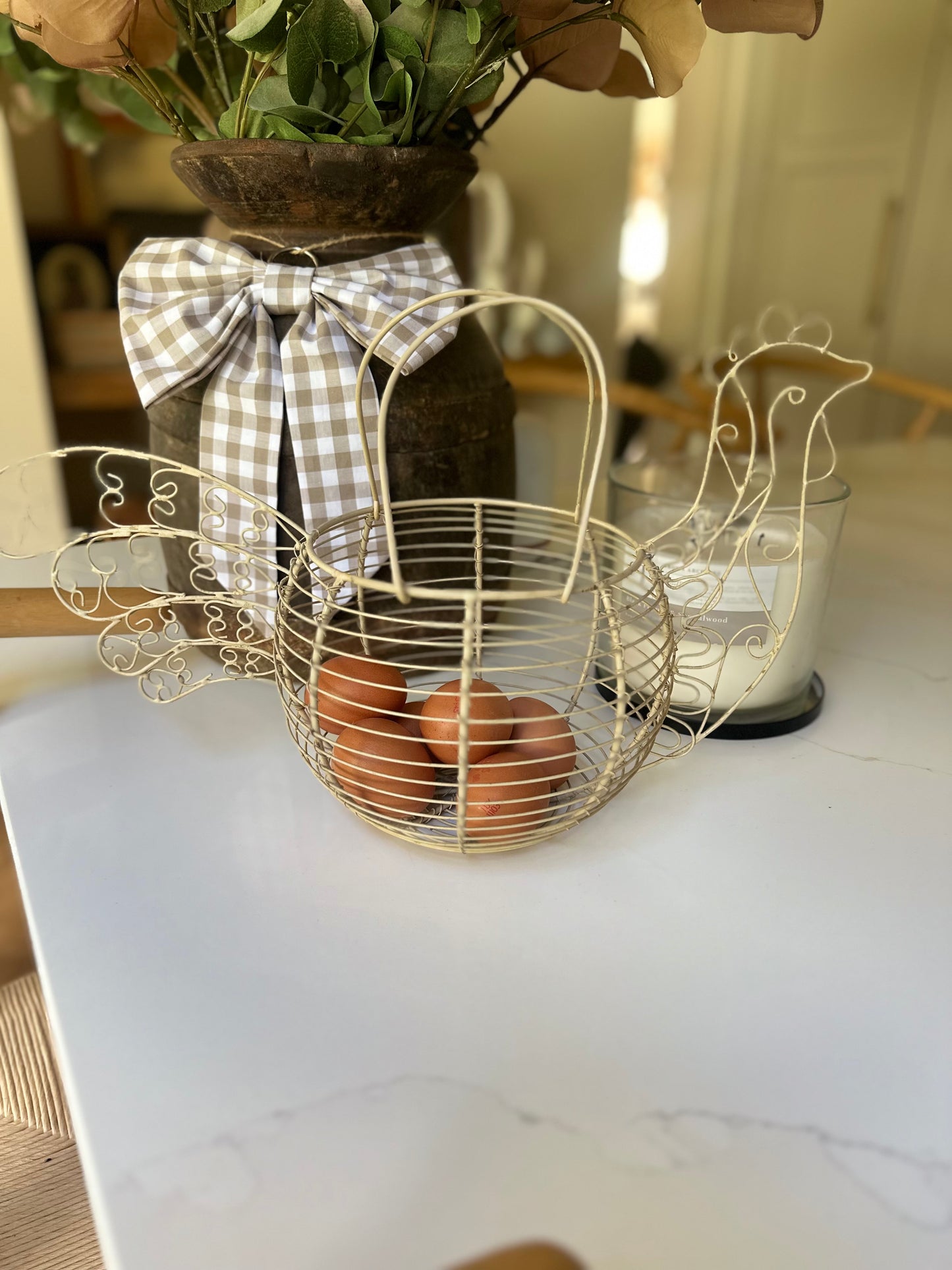 Vintage cream wire chicken egg basket