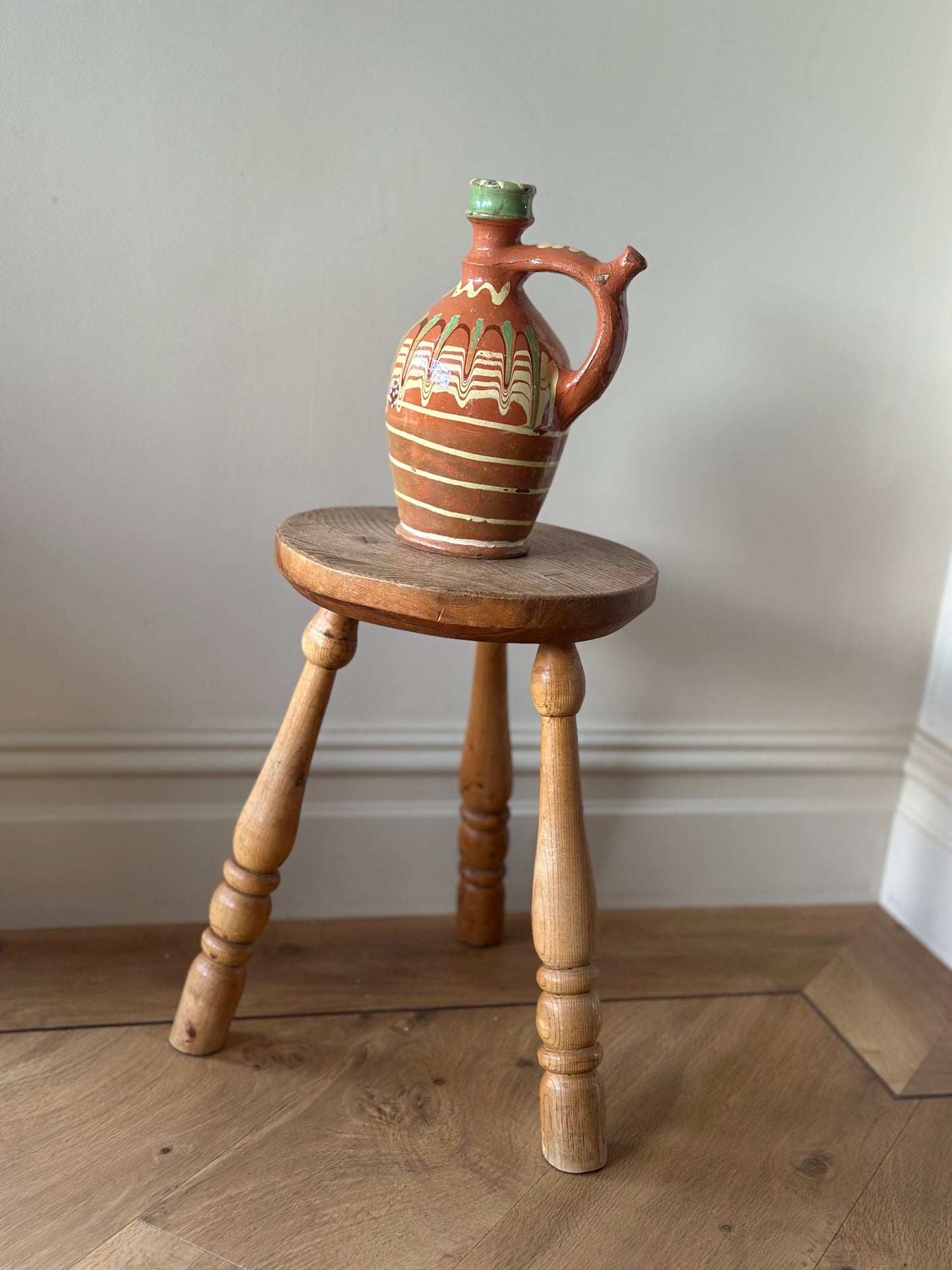 Vintage light wood hand turned leg stool