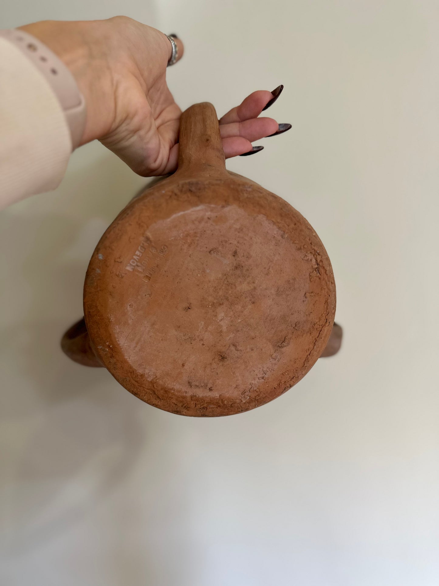English Devon hand thrown triple handle planter - inside glaze