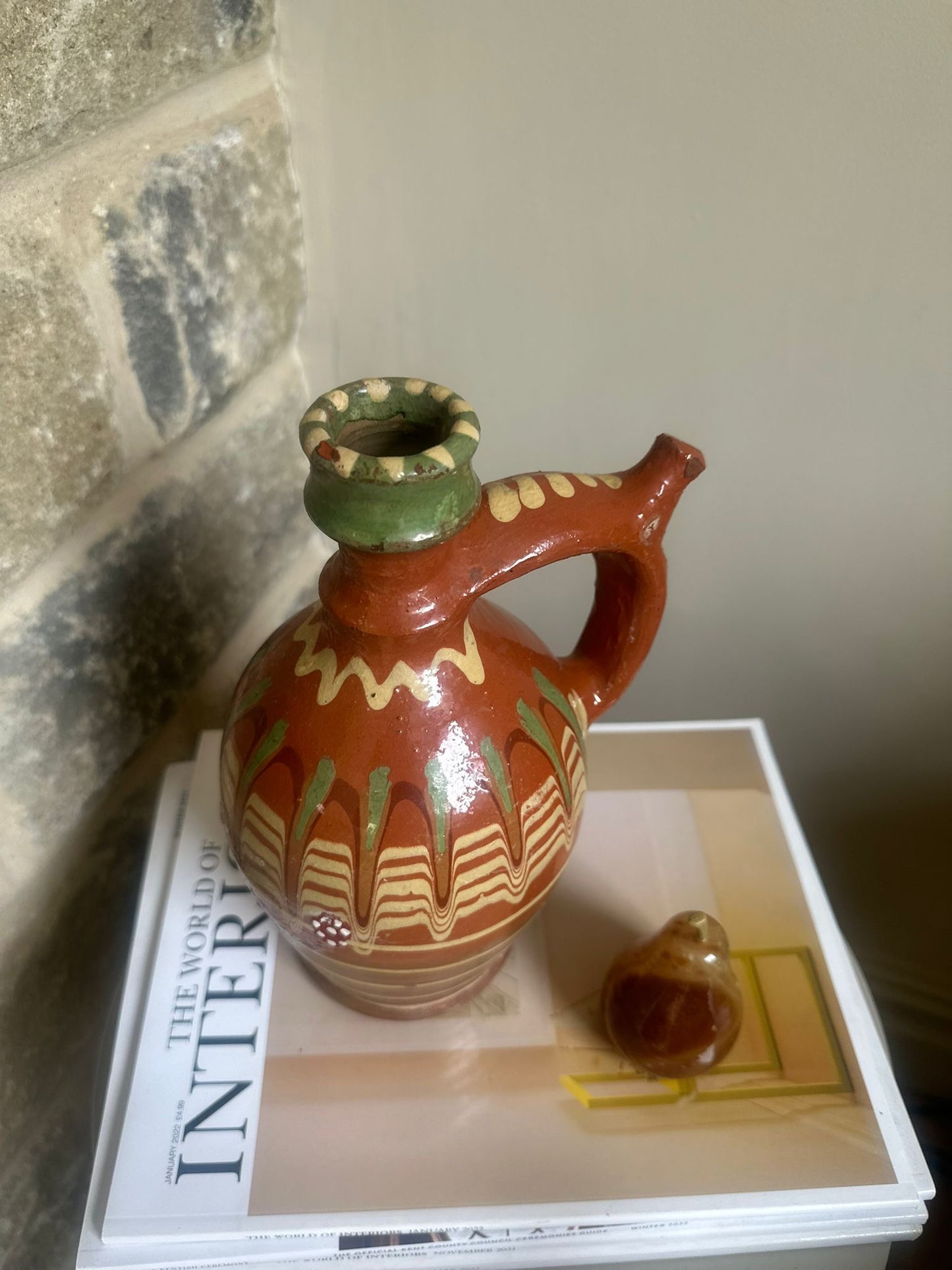 Romanian olive oil jar glazed folk art