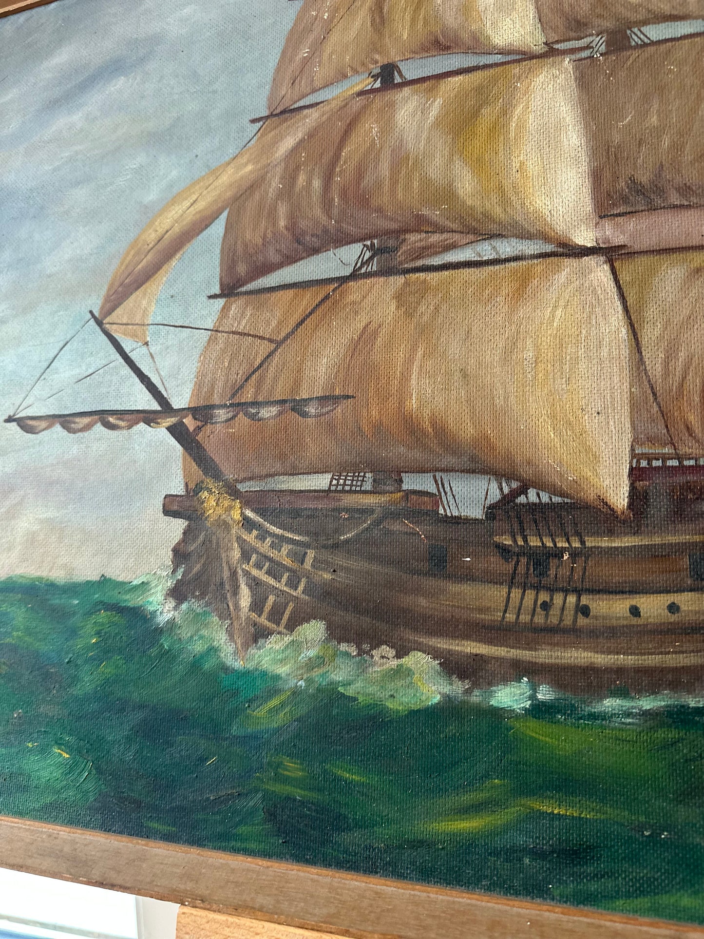 Vintage wall art oil on board signed framed - boat