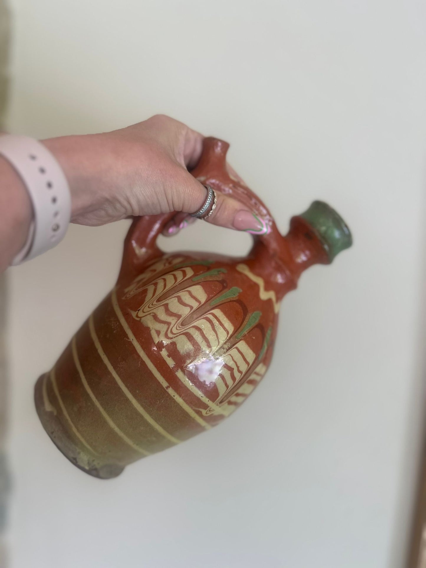 Romanian olive oil jar glazed folk art