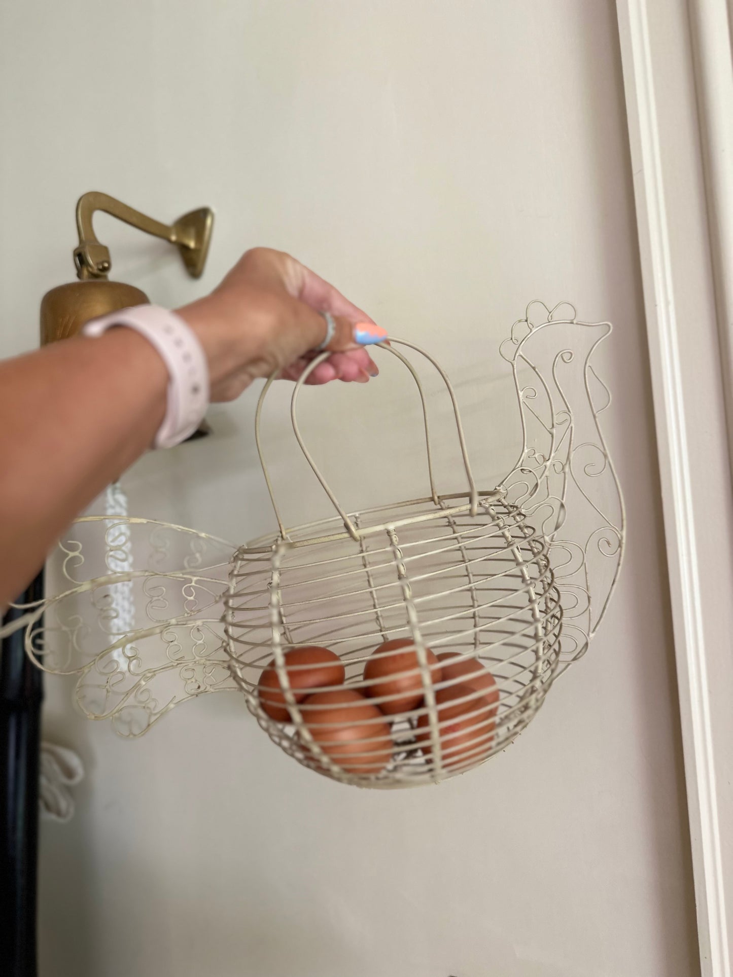 Vintage cream wire chicken egg basket