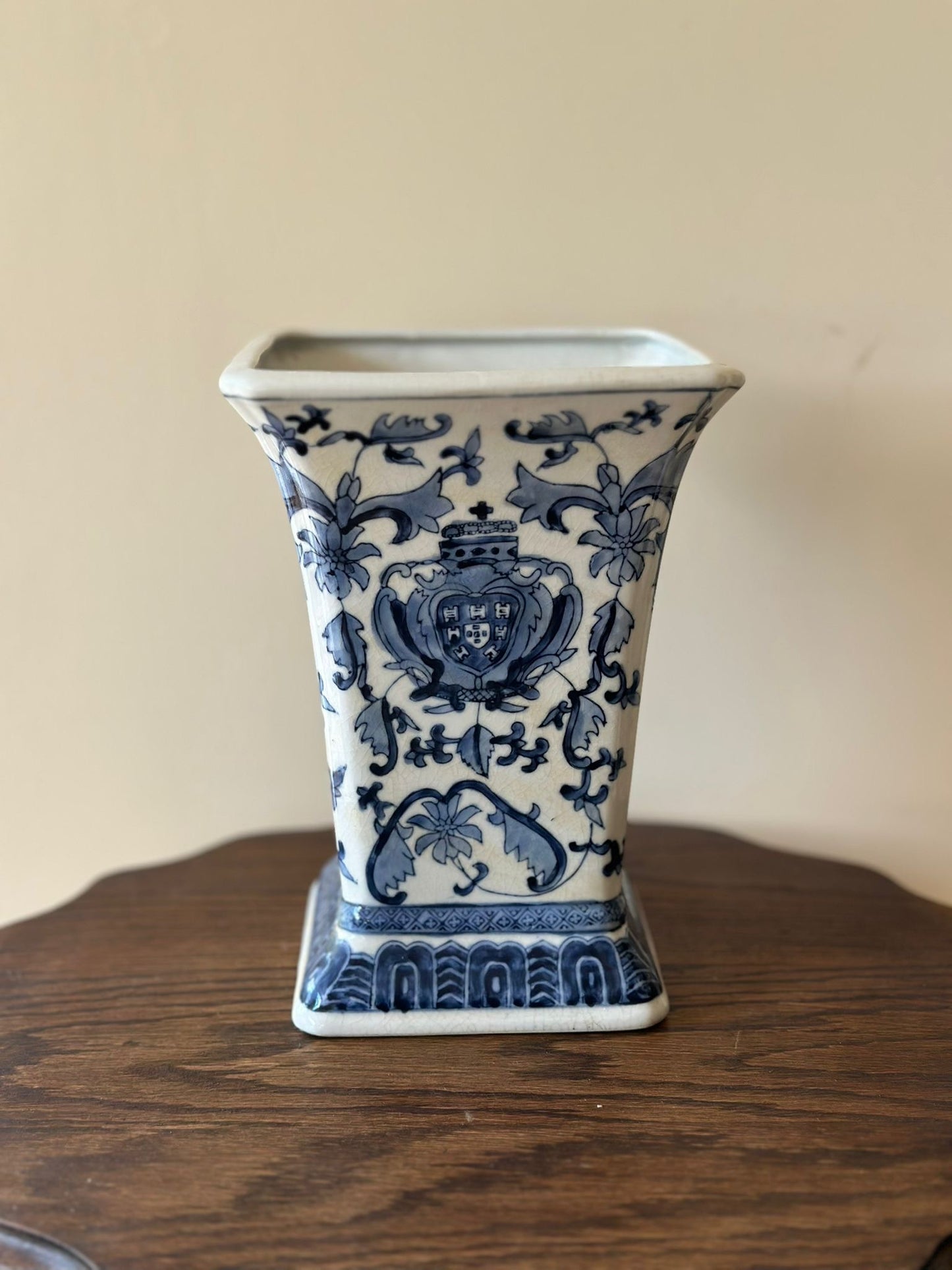 Vintage stonewear large trumpet vase floral display blue & white French