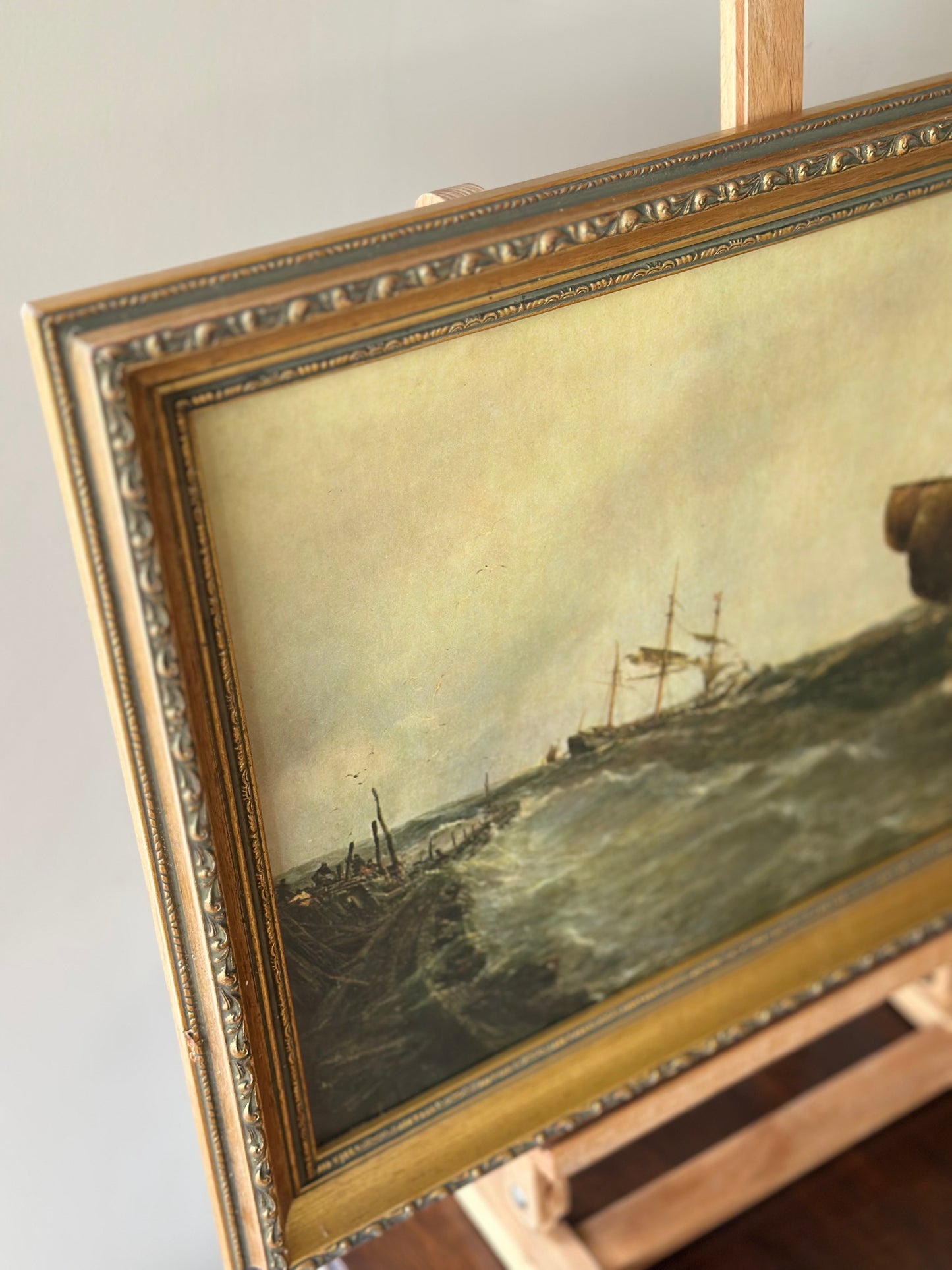 Large framed boat print glass fronted vintage wall art