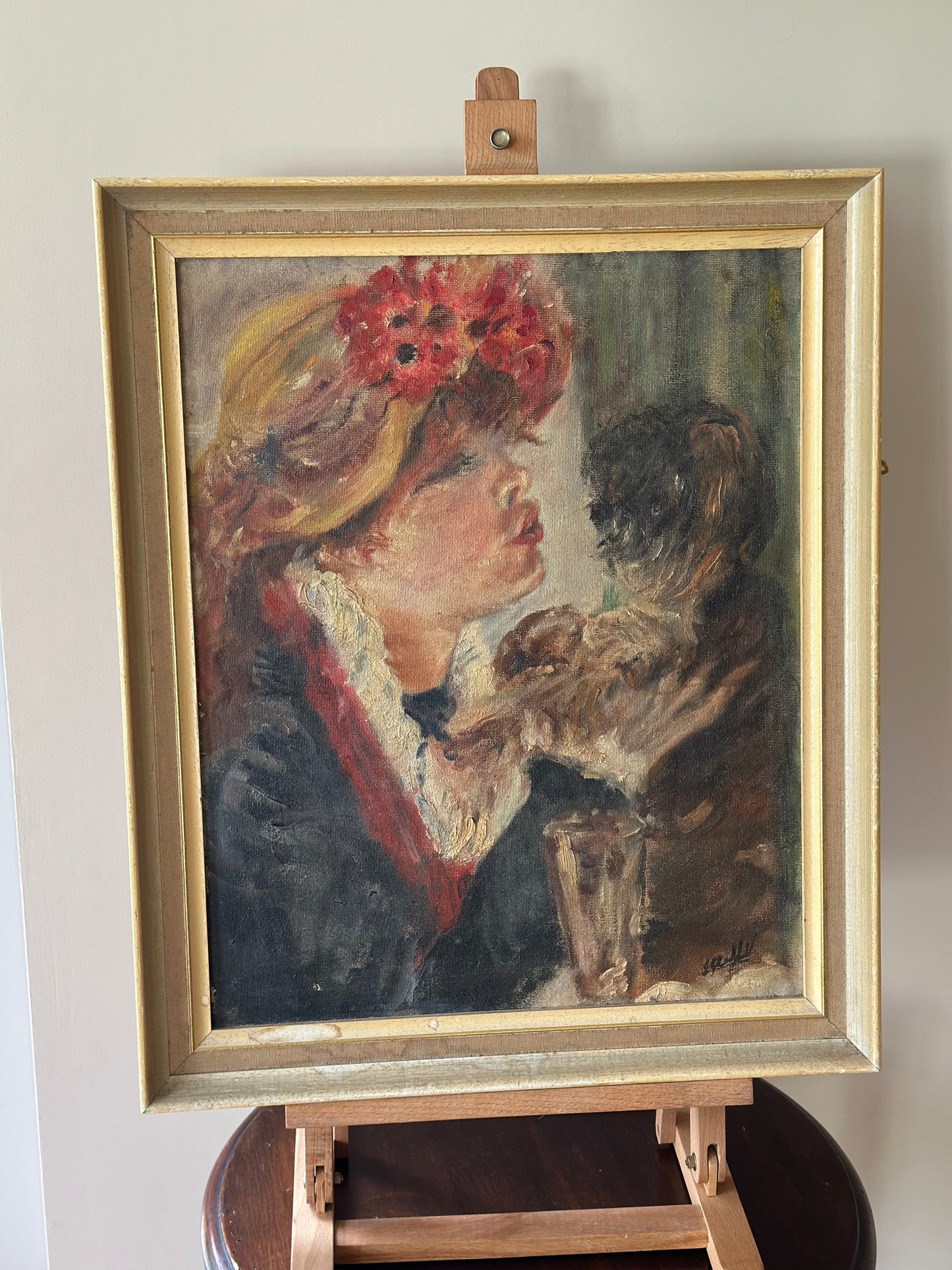 Vintage painting - oil on board signed framed- lady kissing dog