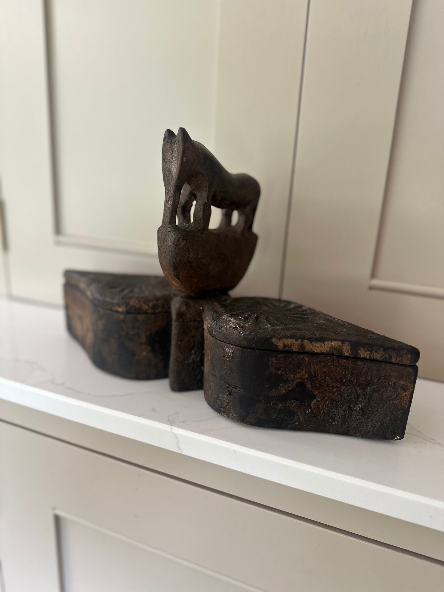 Antique Indian oil double container hand carved