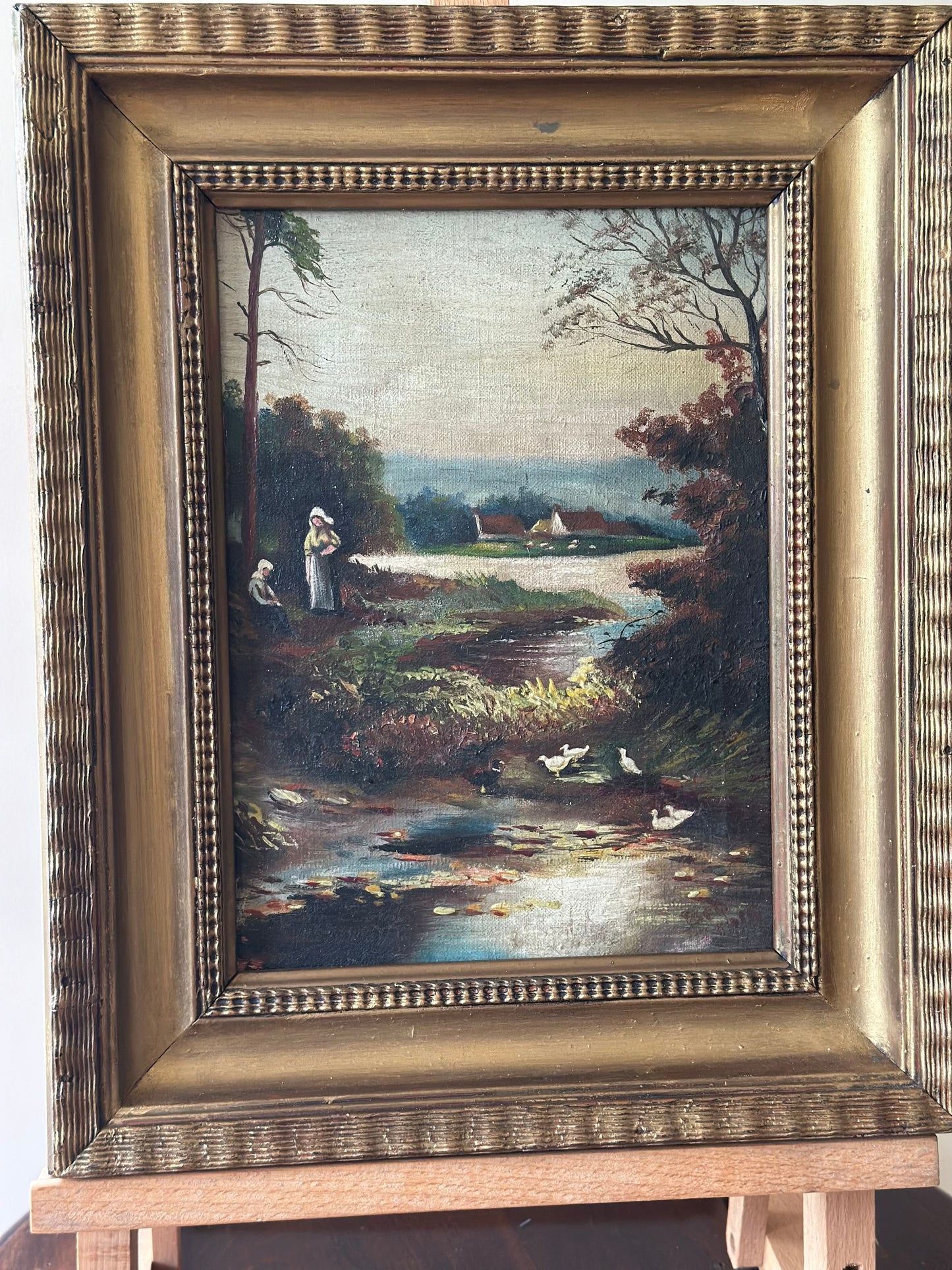 Country scene vintage oil painting framed & signed