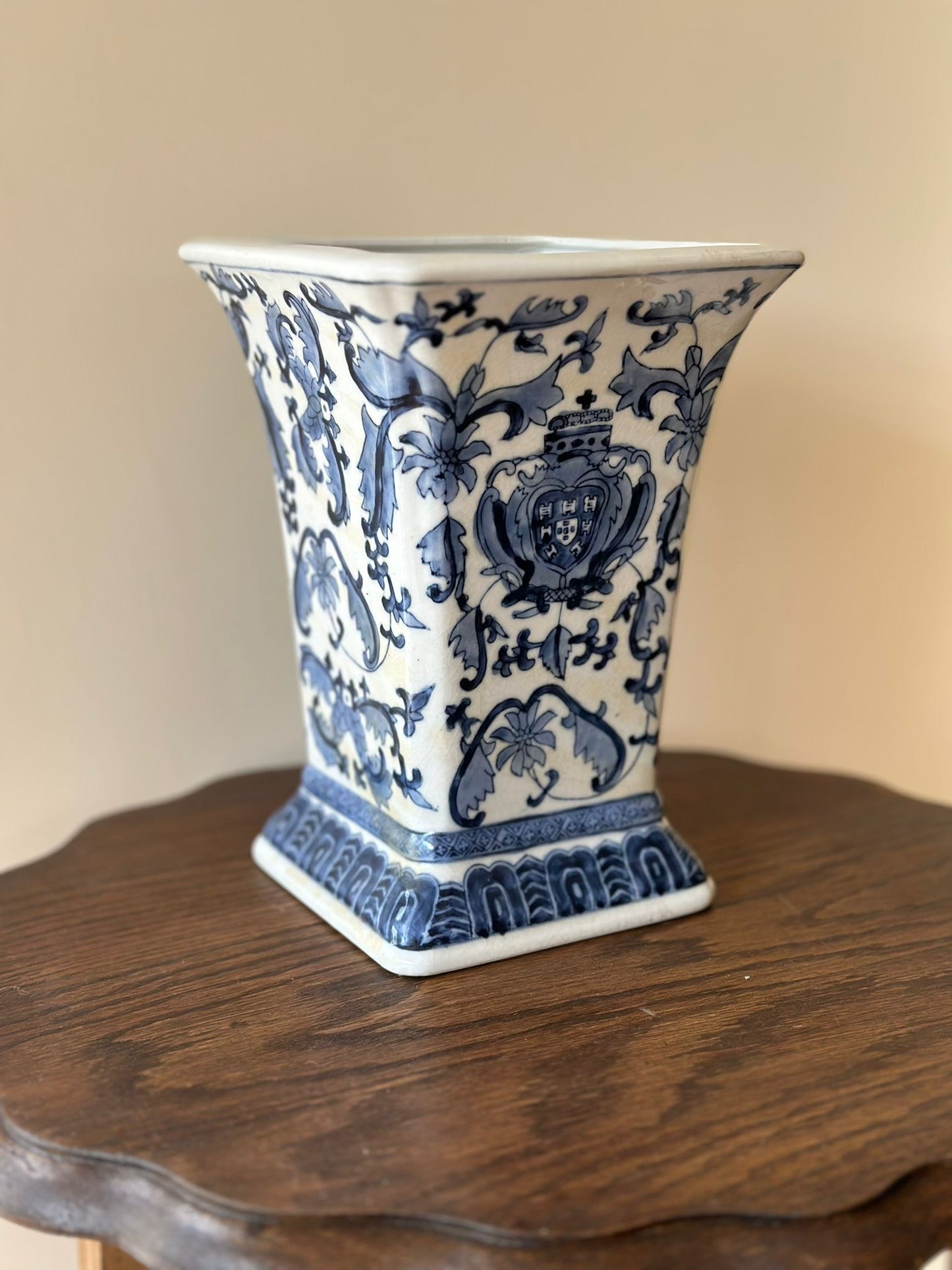 Vintage stonewear large trumpet vase floral display blue & white French