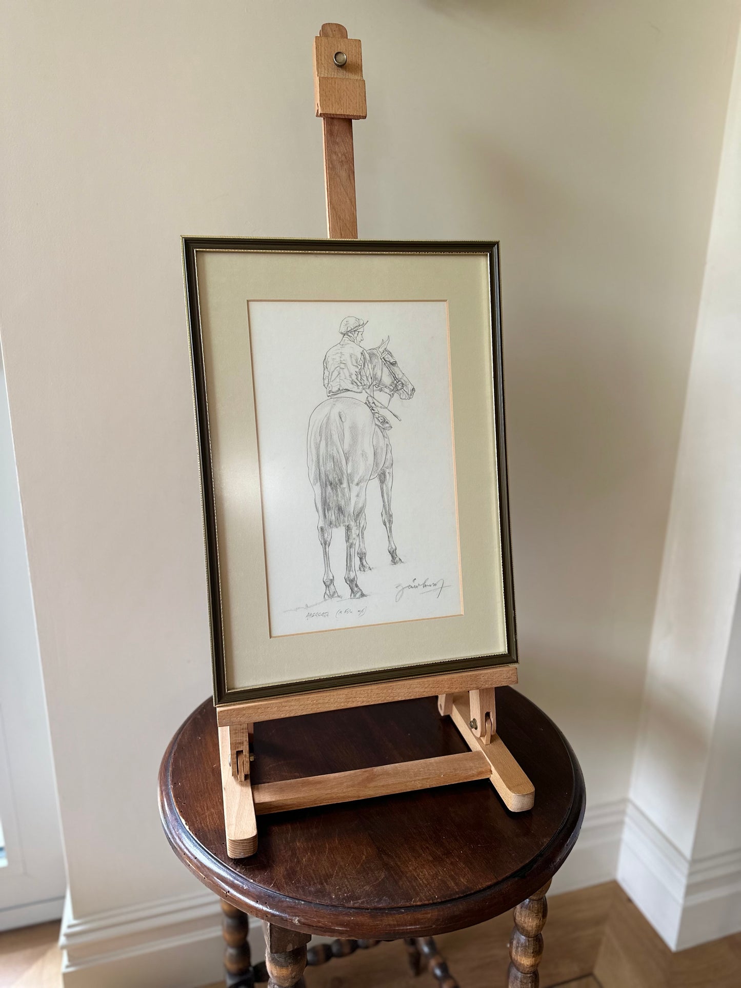 Horse & rider pencil sketch framed & signed