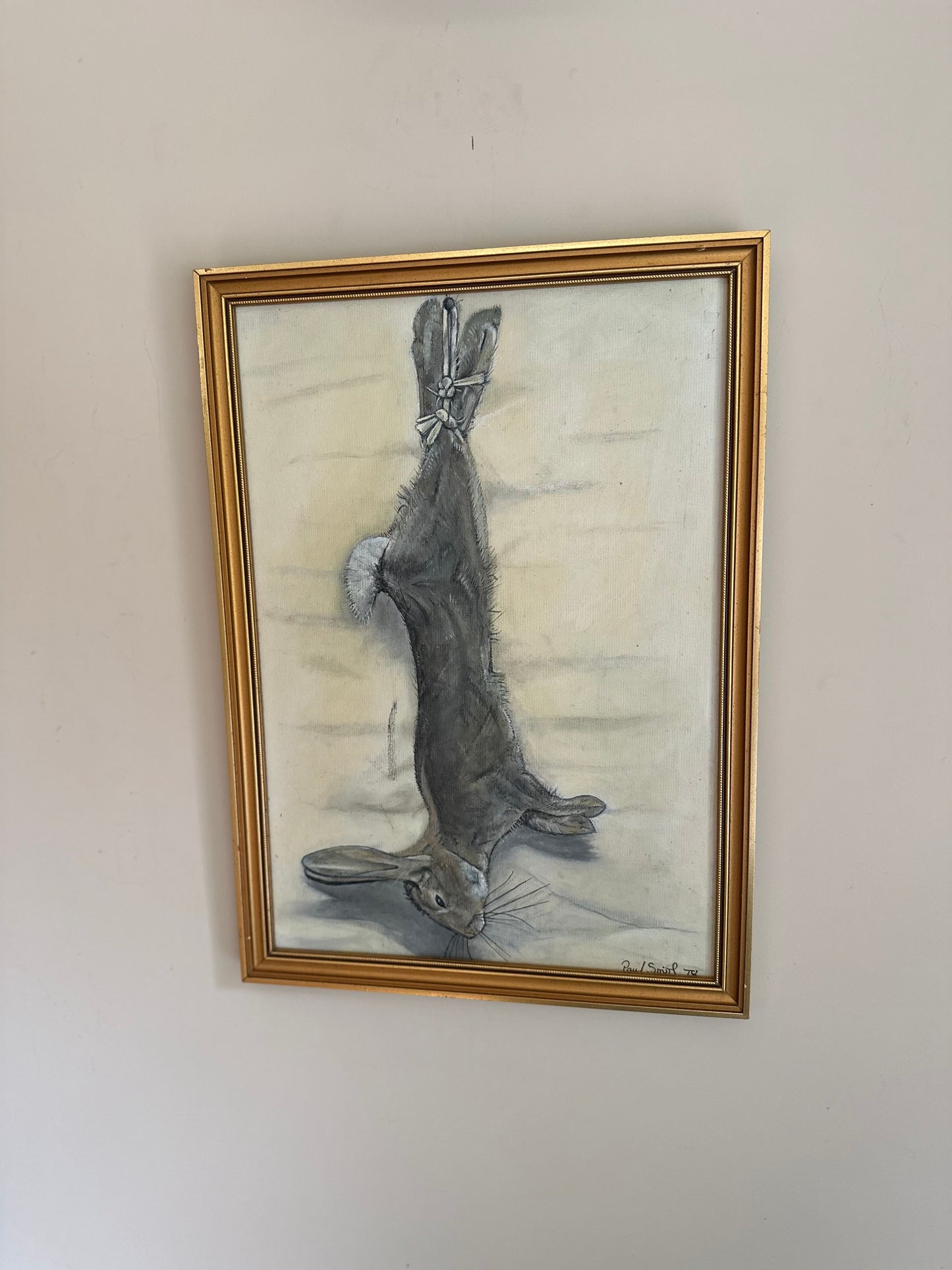 Vintage rabbit neutral painting signed by known painter Paul smith framed