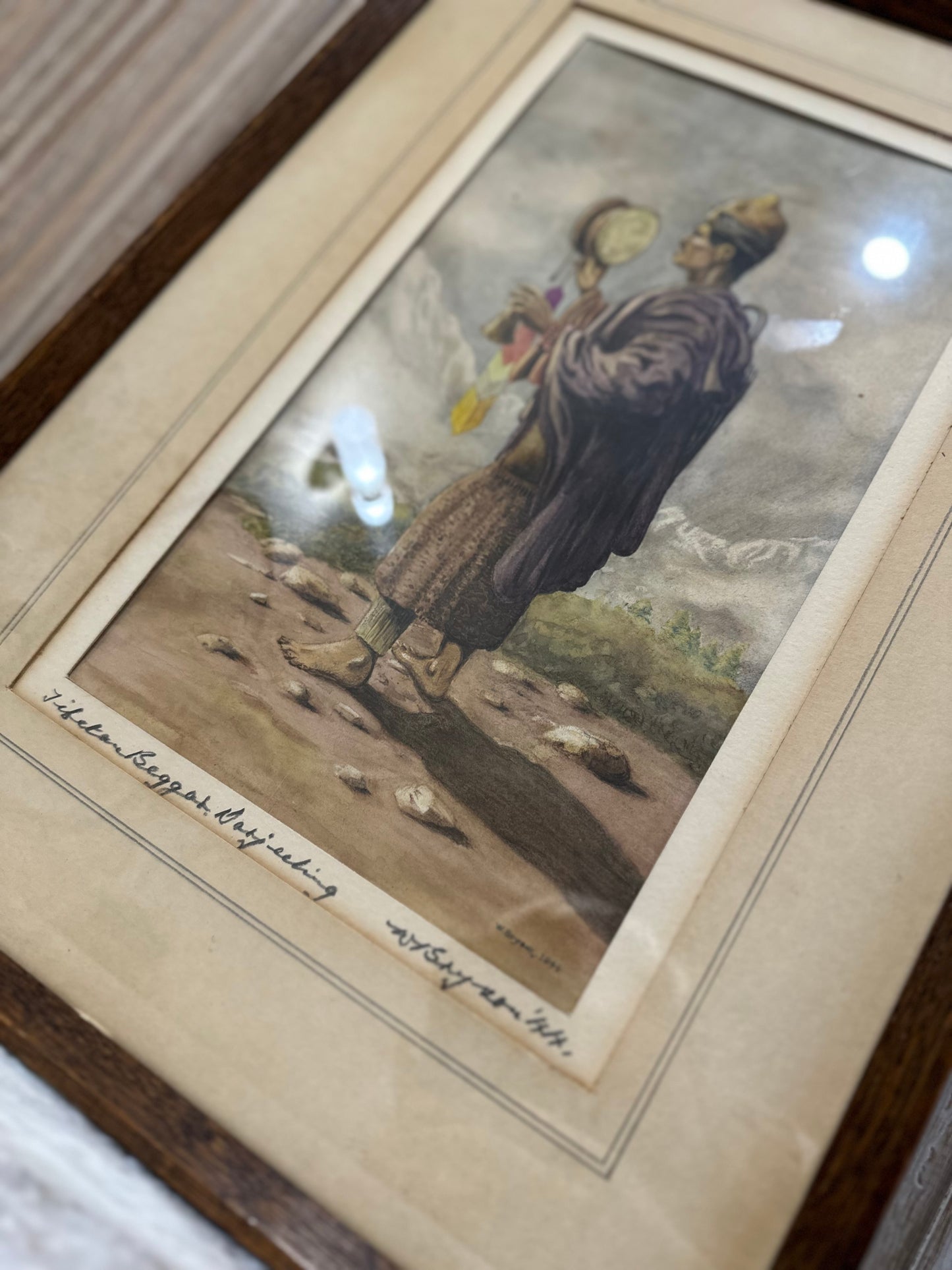 Vintage watercolour painting of Tibetan beggar signed & framed