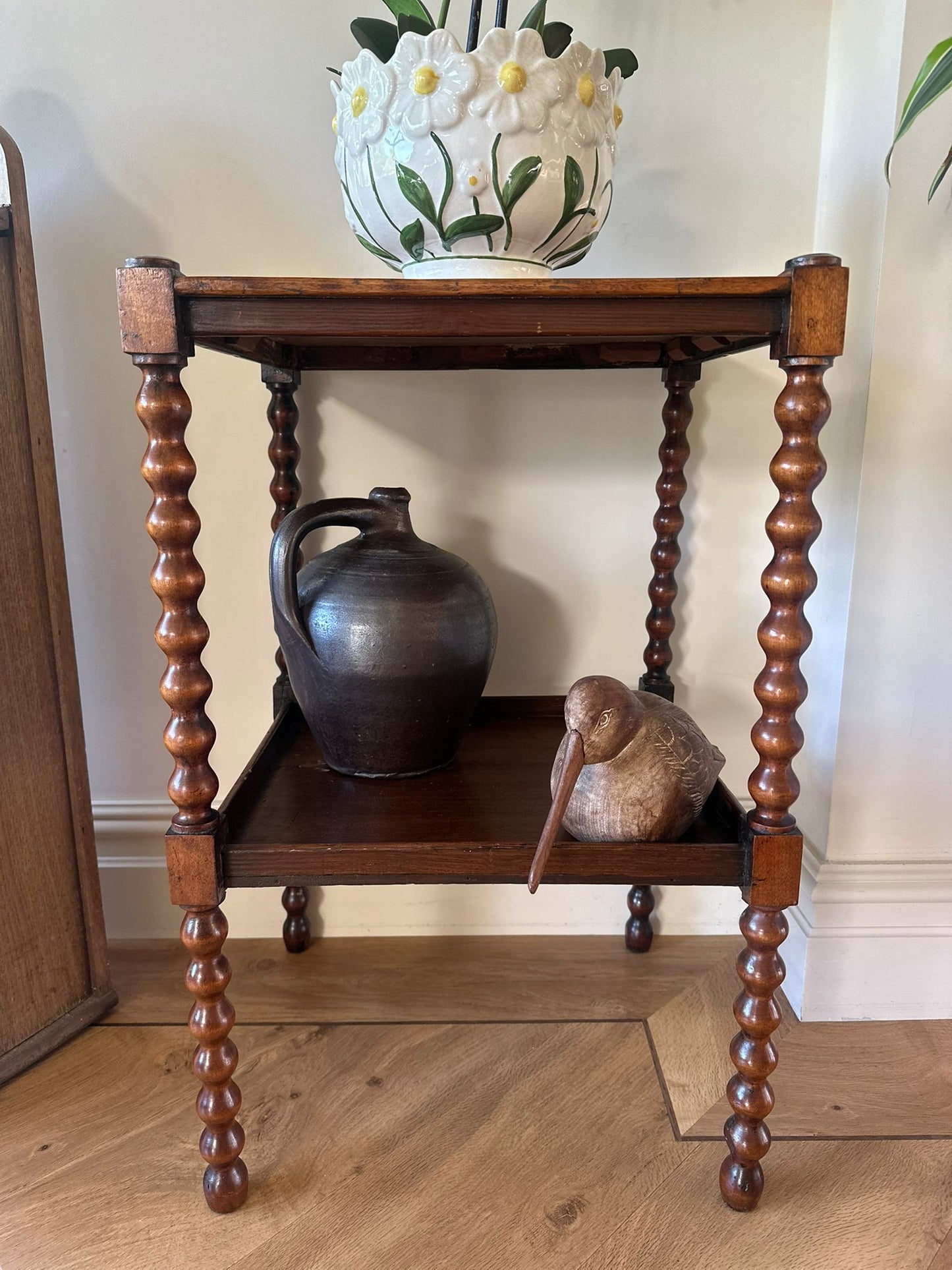 vintage bobbin side table with shelf