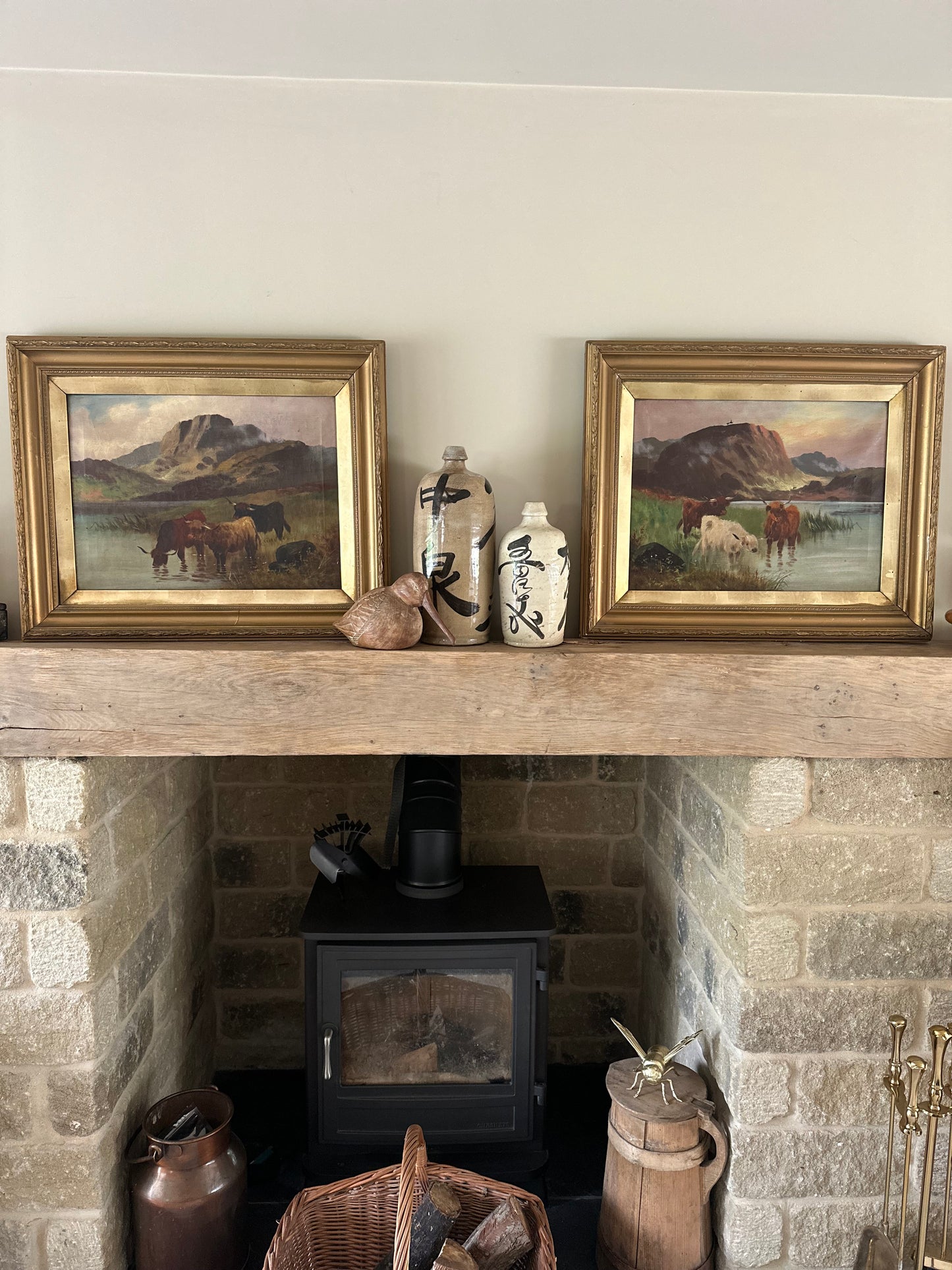 Pair of highland cow vintage paintings framed
