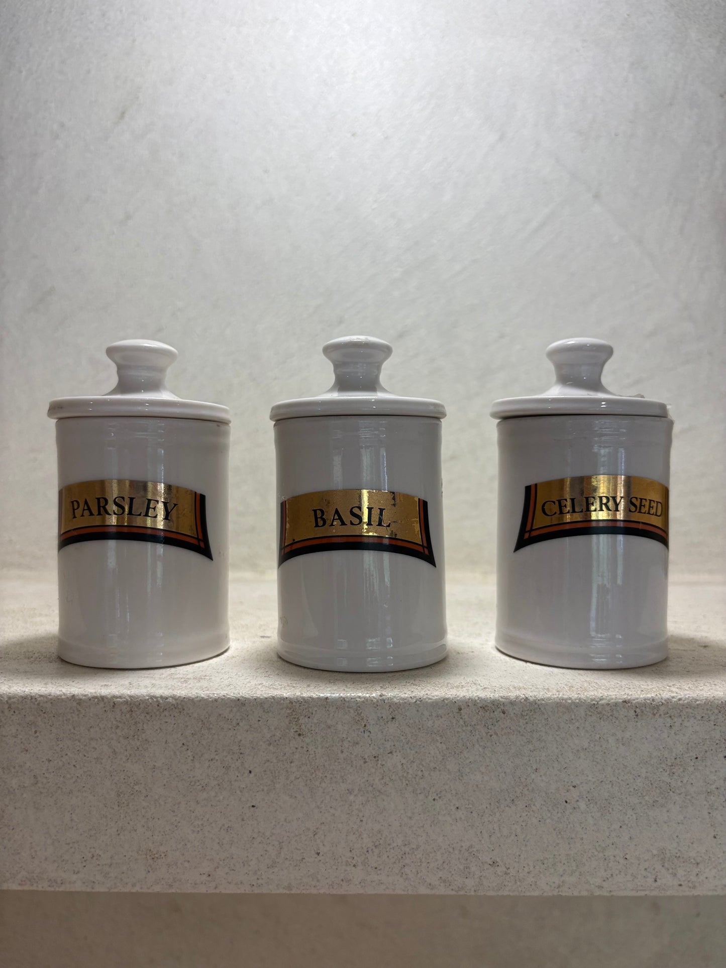 Trio of vintage spice pot in medical style