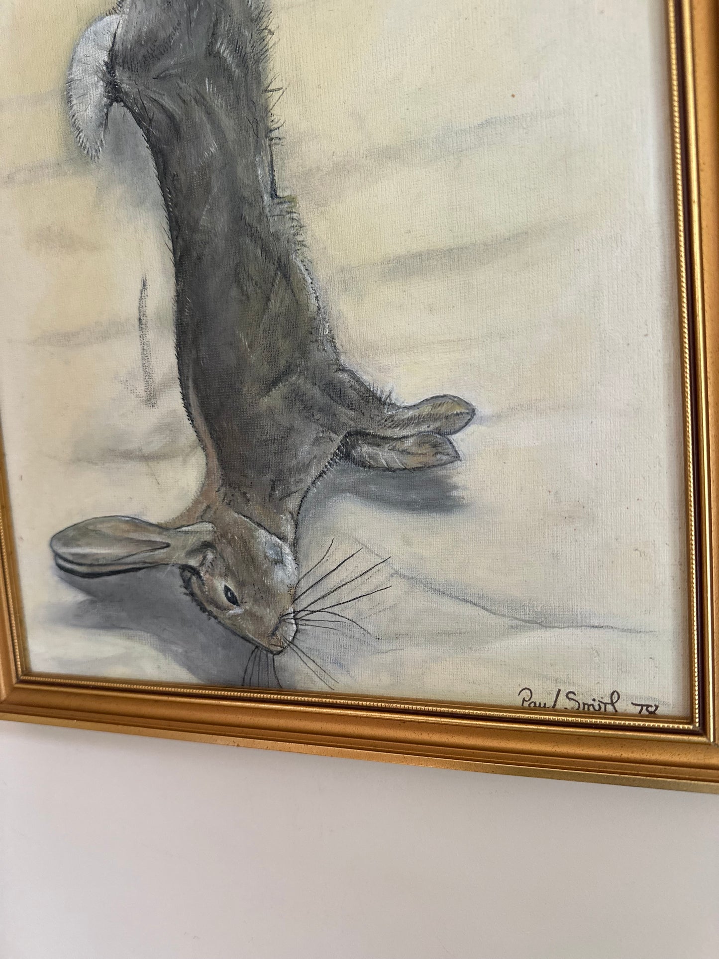 Vintage rabbit neutral painting signed by known painter Paul smith framed