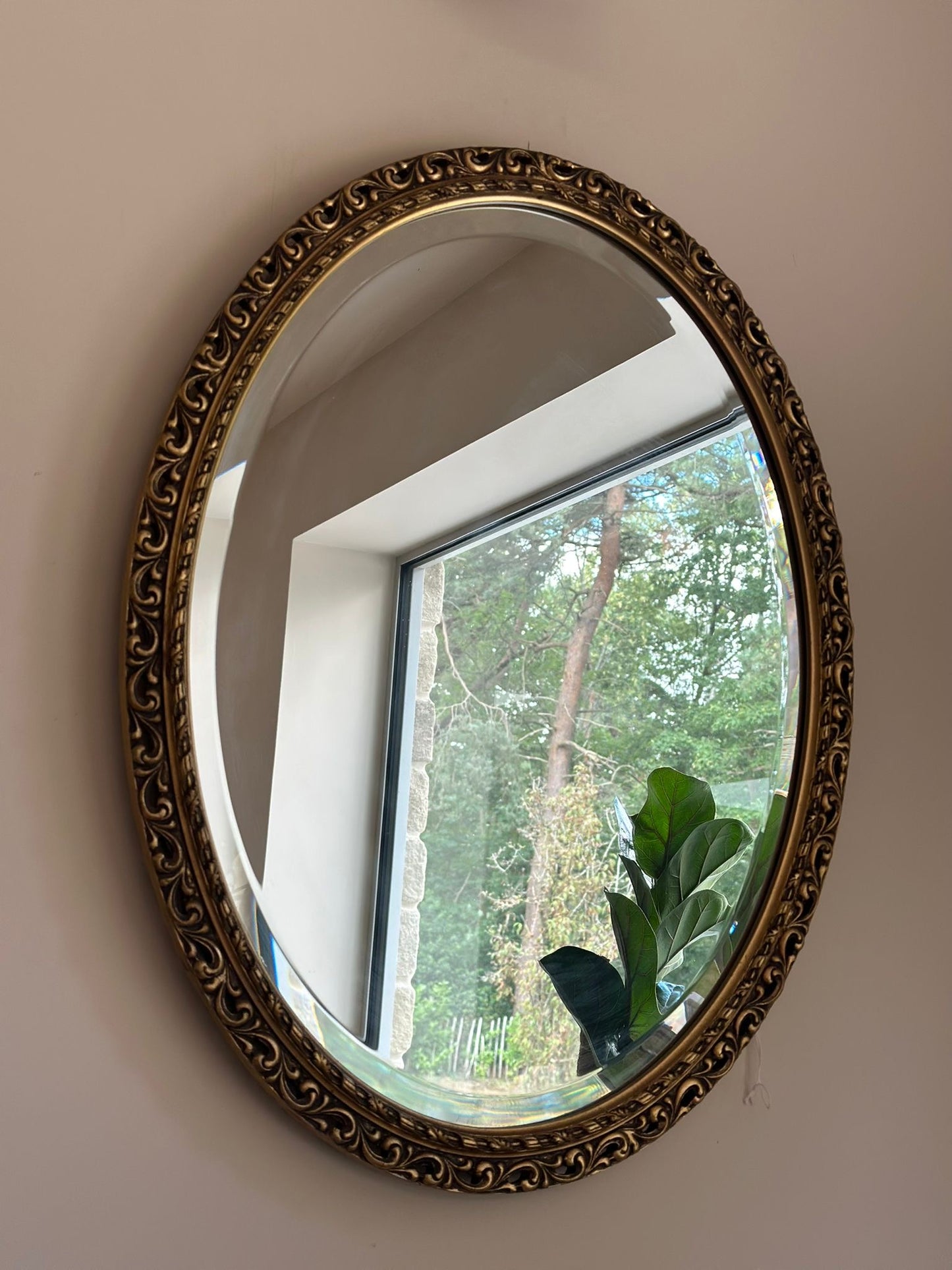 Oval mirror in gilt gold style frame large bevelled edge
