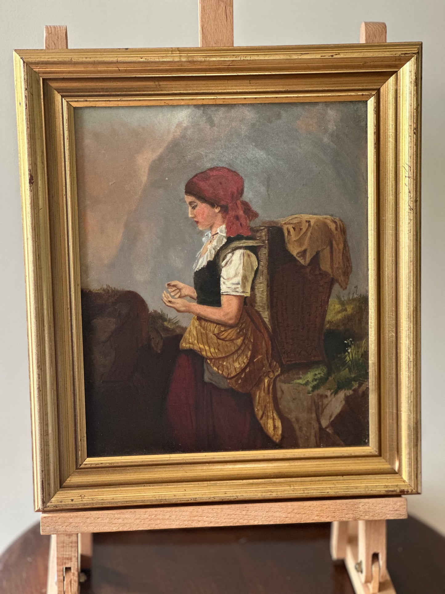 Peasant girl - Eastern European painting on board framed