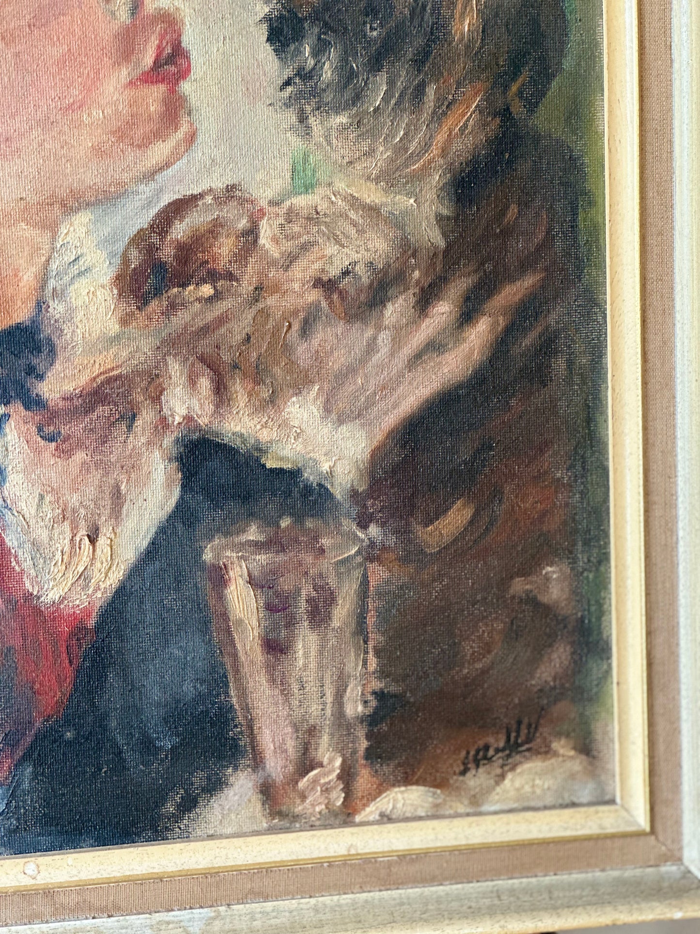 Vintage painting - oil on board signed framed- lady kissing dog