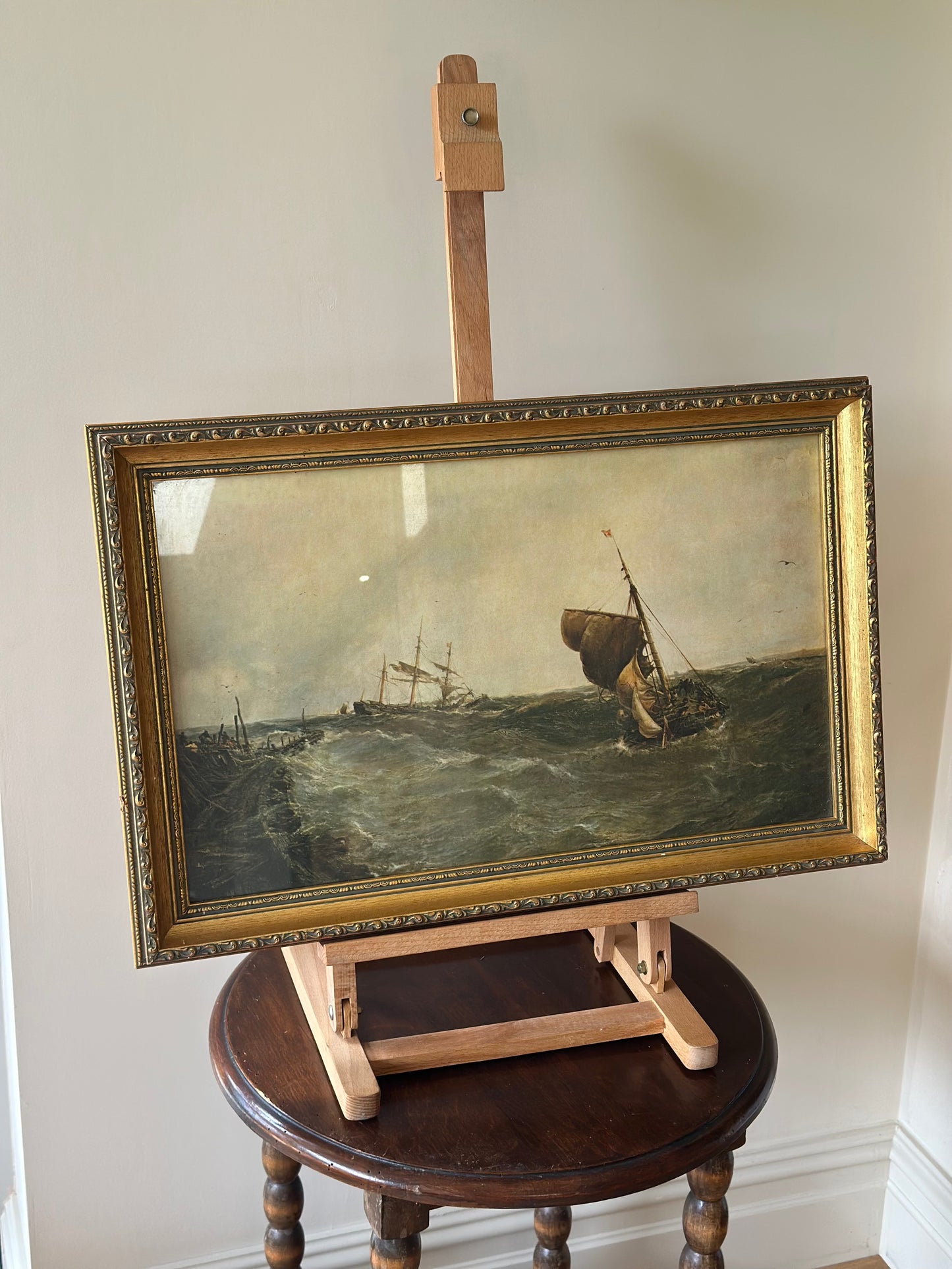 Large framed boat print glass fronted vintage wall art