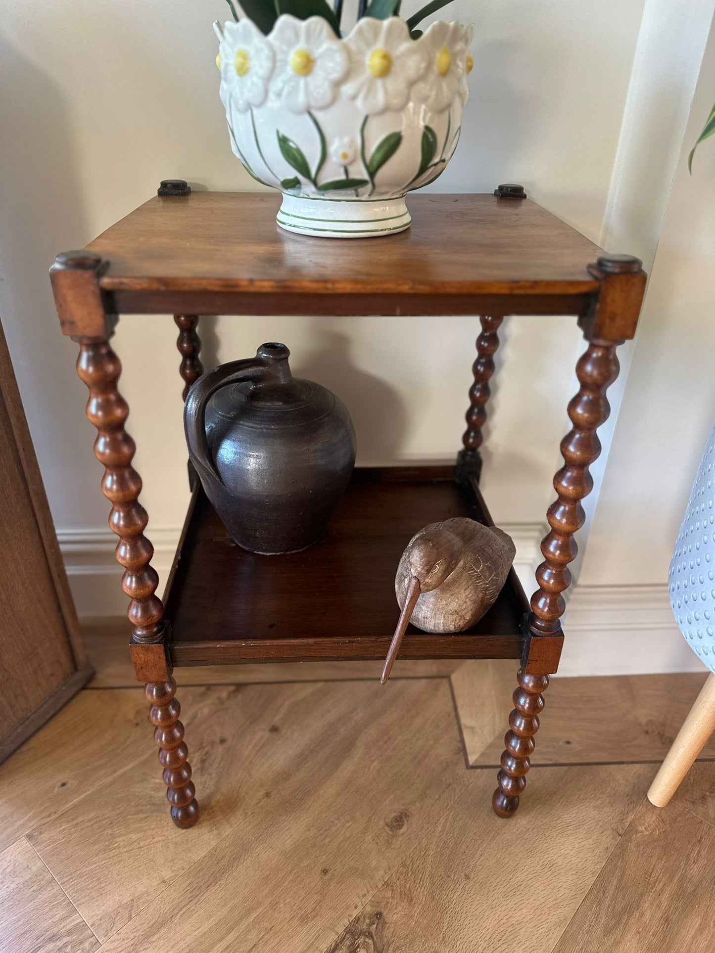 vintage bobbin side table with shelf
