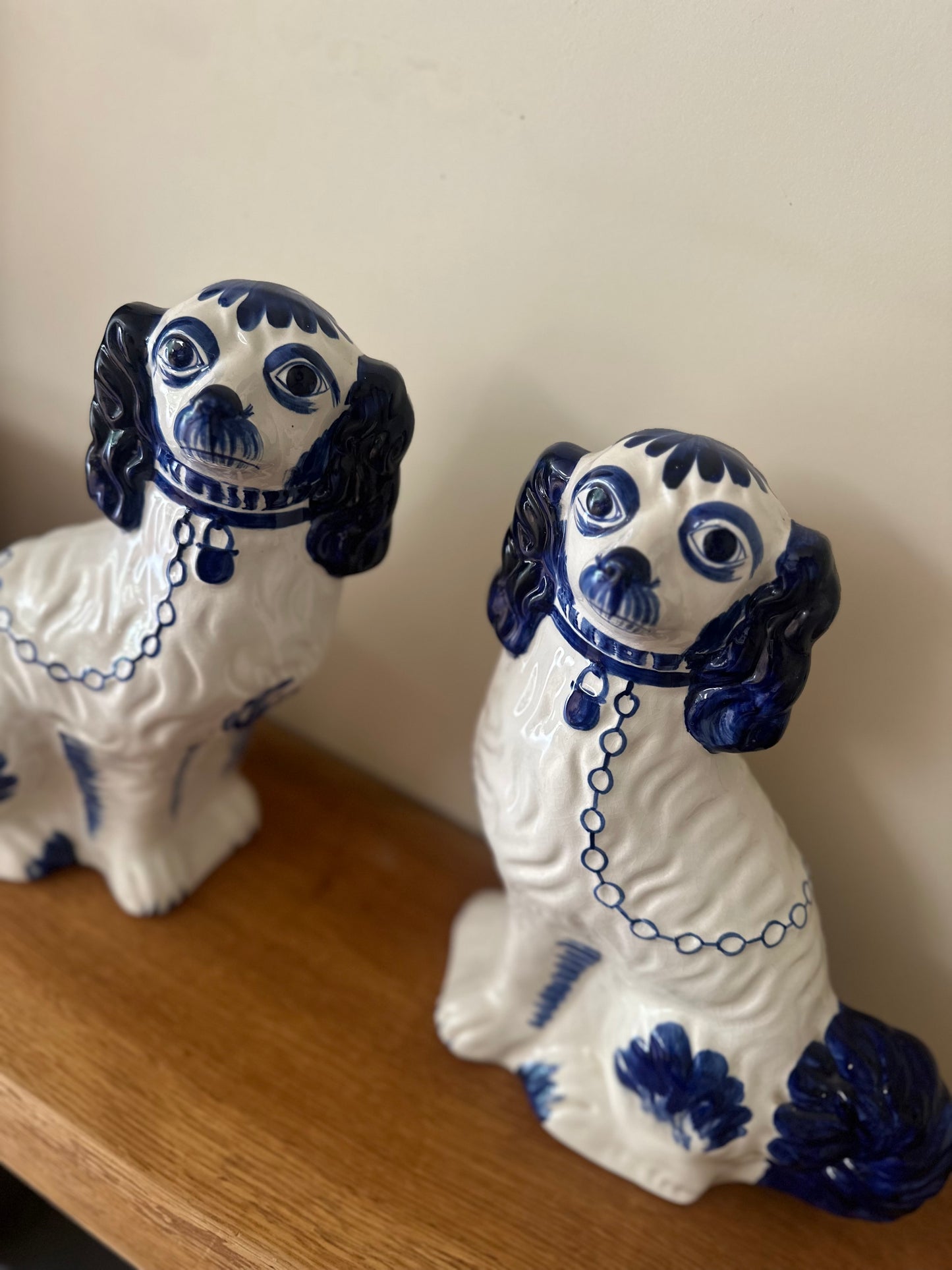 Pair of hand painted Staffordshire wally dogs large blue & white