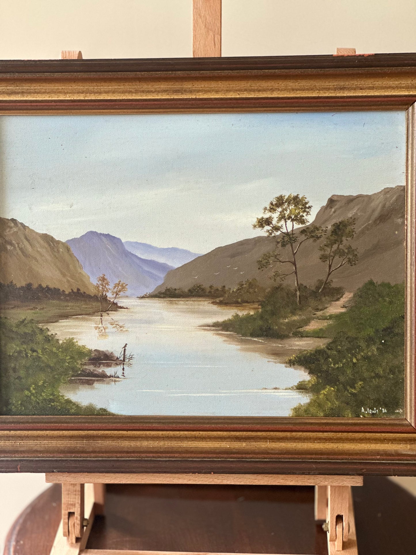A. Lewis vintage oil on canvas painting signed framed - river scene