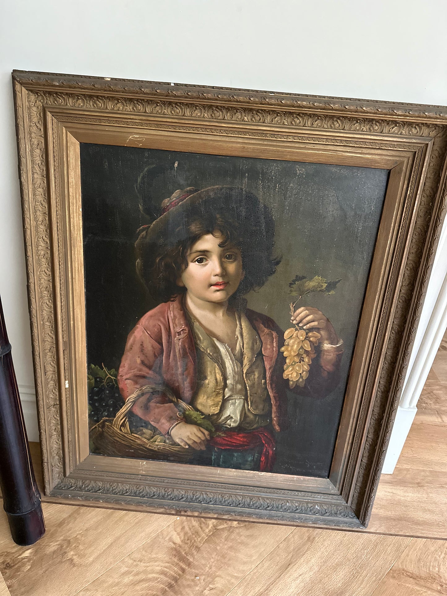 Boy with grapes large high quality oleograph painting picture framed signed