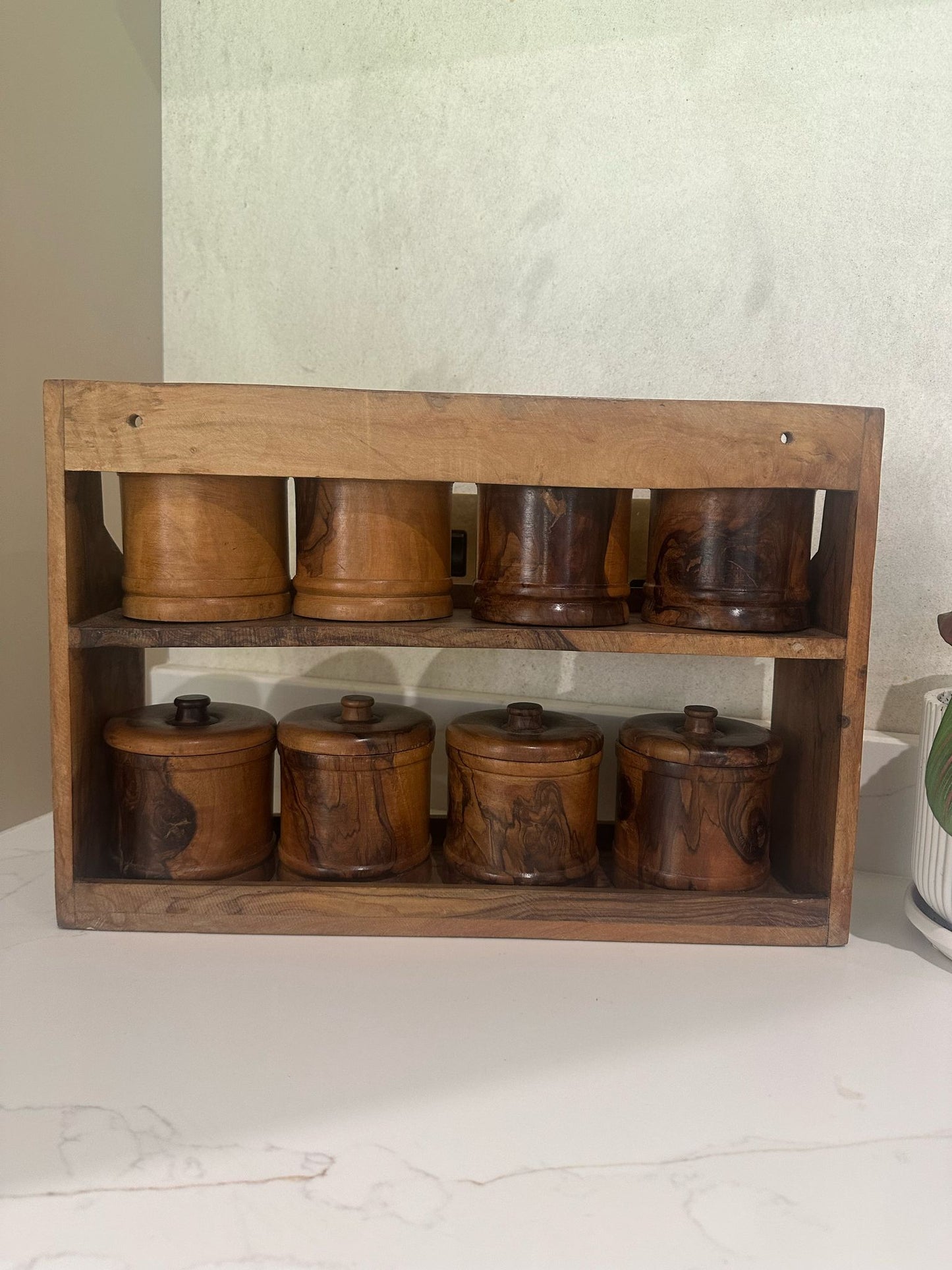 wood turned mid century wall hung spice rack
